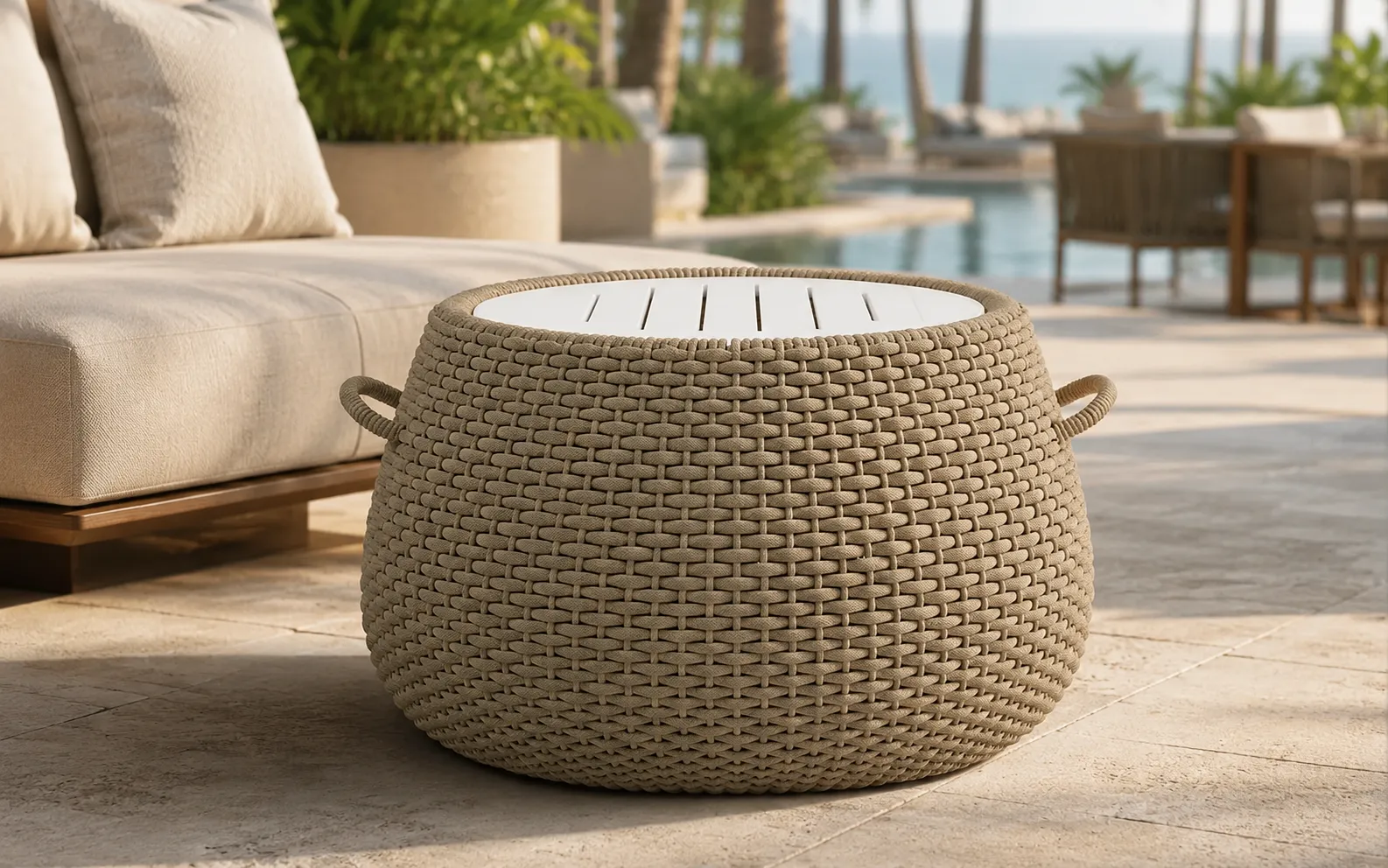 XIMU Furniture beige rope outdoor coffee table with round woven frame for hotel patio projects