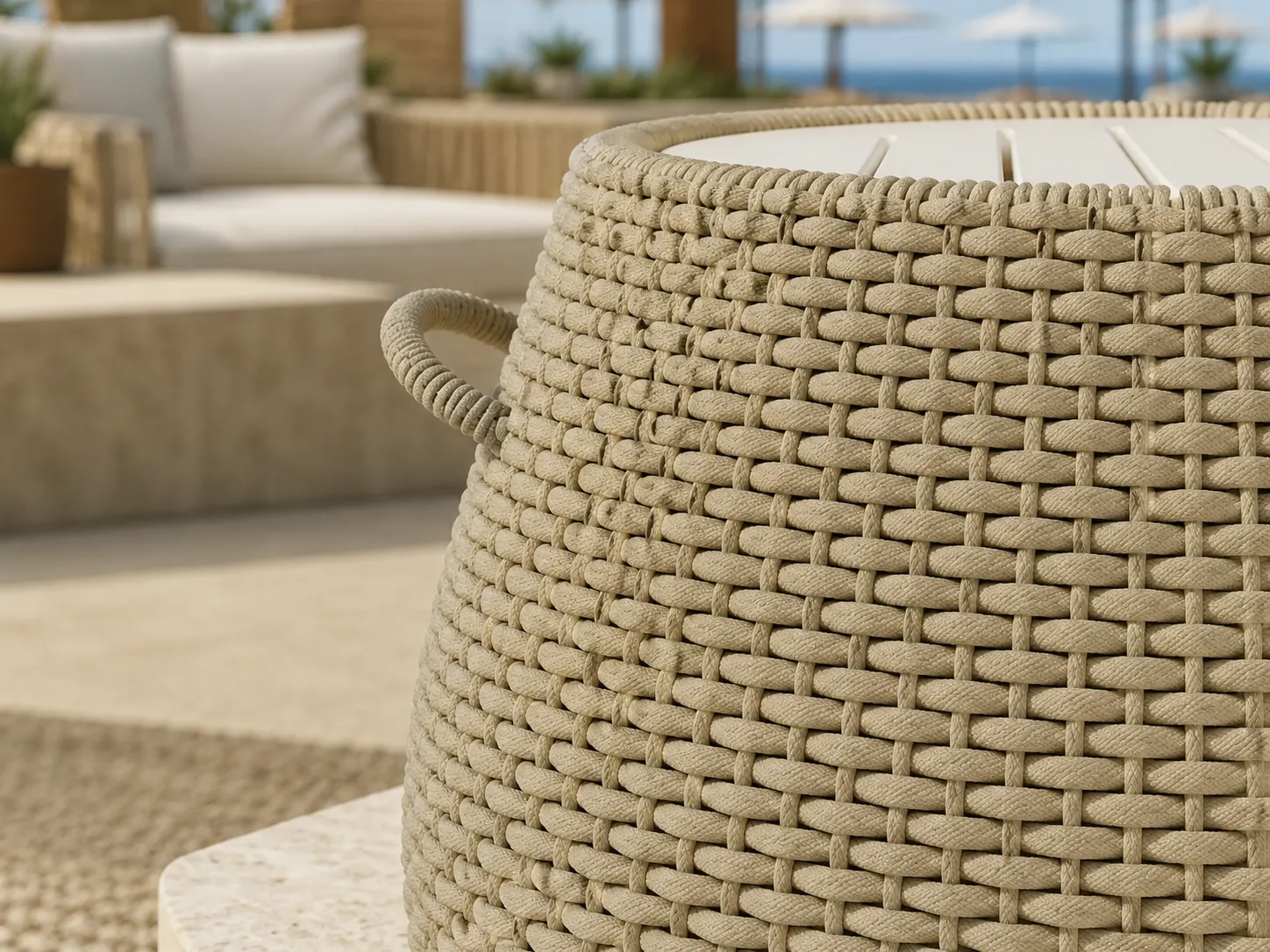 Close-up detail of beige woven rope frame for outdoor coffee table