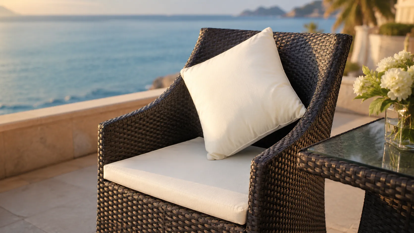 Black PE Rattan Bistro Set with 2 Armchairs, Cream Cushions & Glass-Top Table for Balcony Café Patio