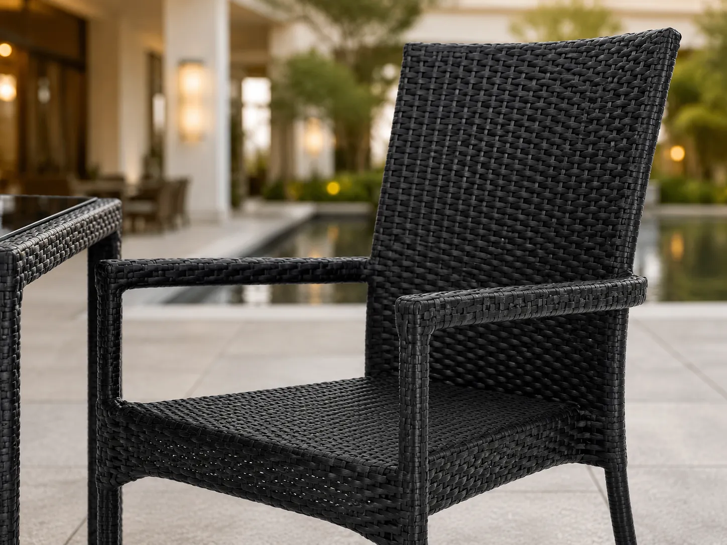Black PE rattan outdoor dining armchair detail