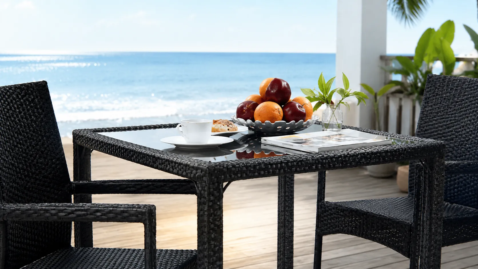 PE Rattan Patio Dining Set with 4 Armchairs & Square Glass Table for Hotel Outdoor Dining
