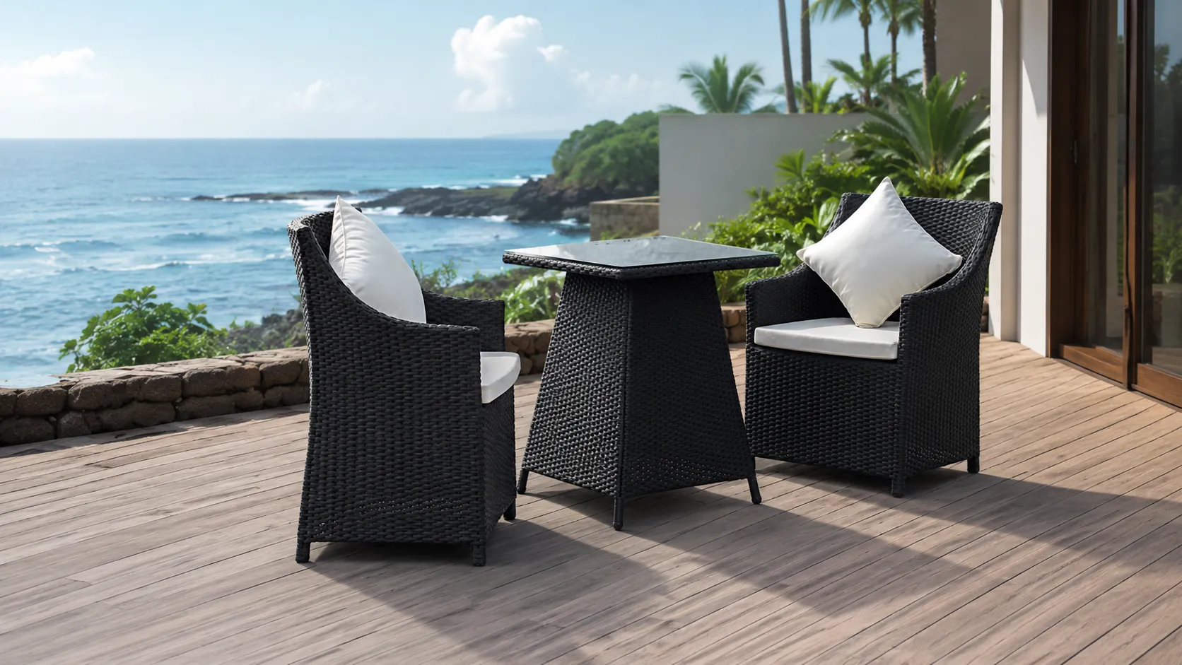 Black PE Rattan Bistro Set with 2 Armchairs, Cream Cushions & Glass-Top Table for Balcony Café Patio