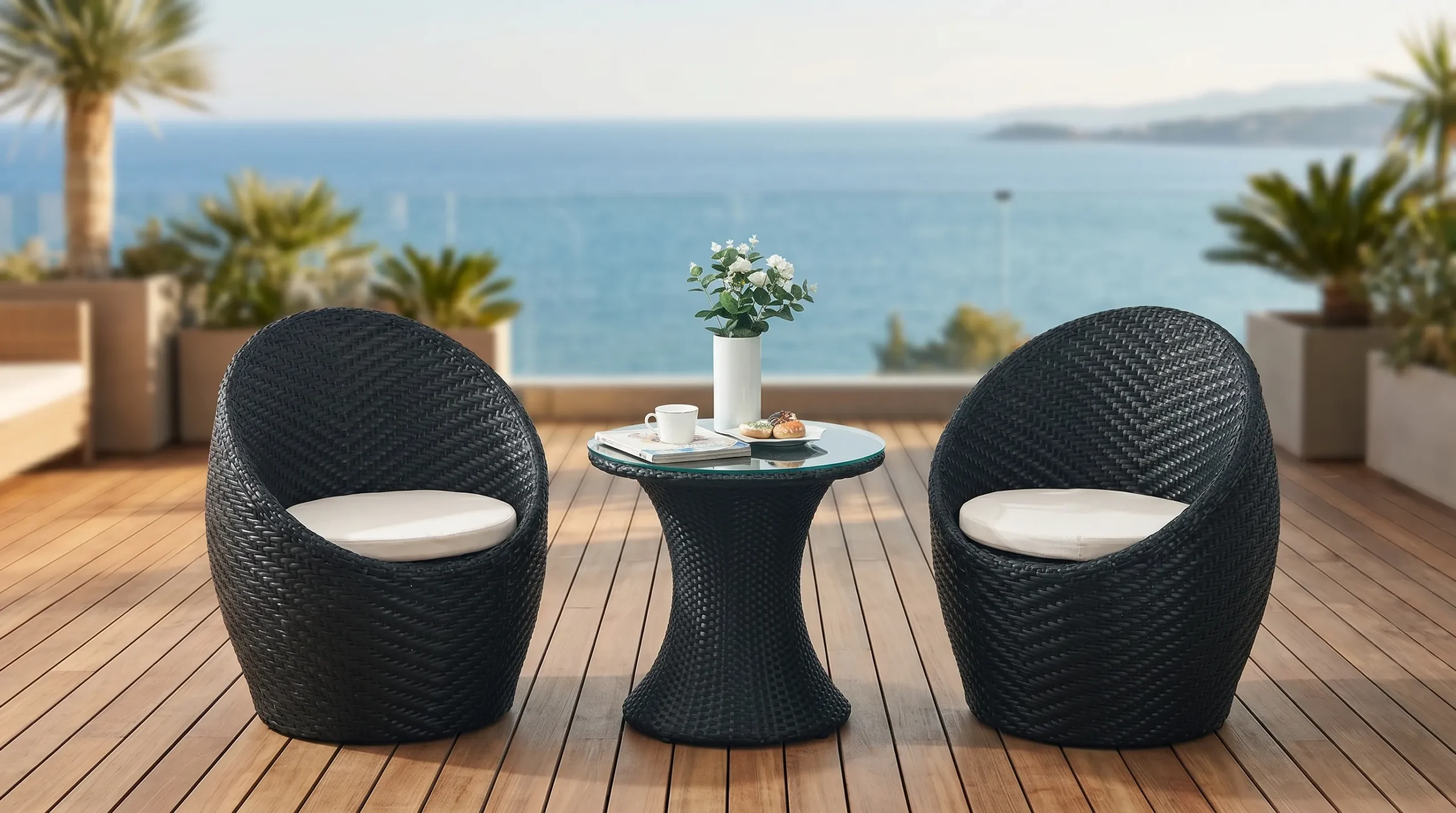 Black PE Rattan Bistro Set with 2 Barrel Chairs & Round Glass Table for Patio Balcony Café