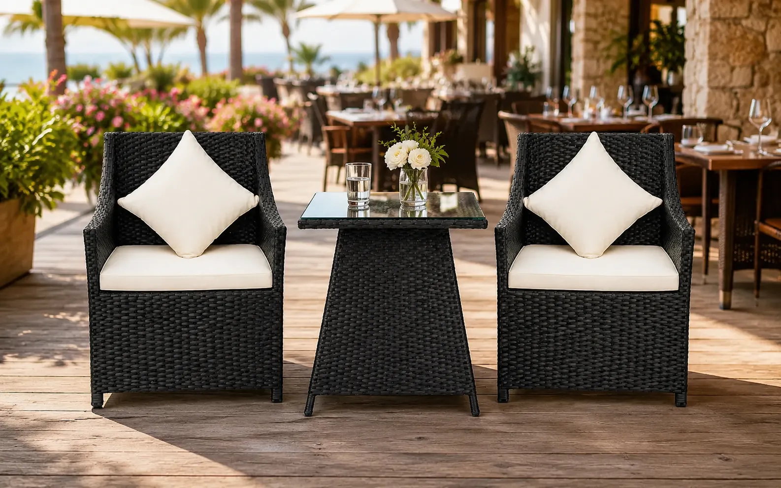 XIMU Furniture black PE rattan bistro set with 2 armchairs and glass-top table