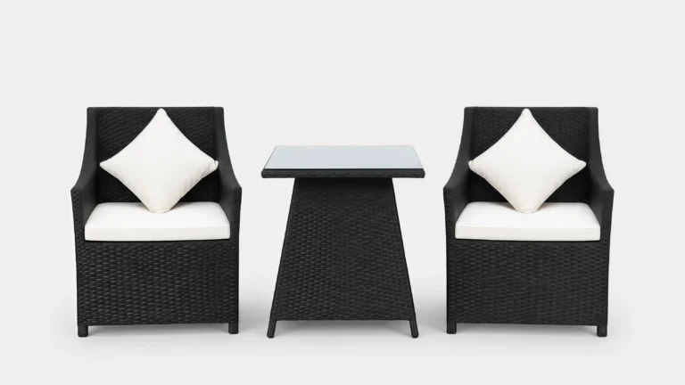 Black PE Rattan Bistro Set with 2 Armchairs, Cream Cushions & Glass-Top Table for Balcony Café Patio