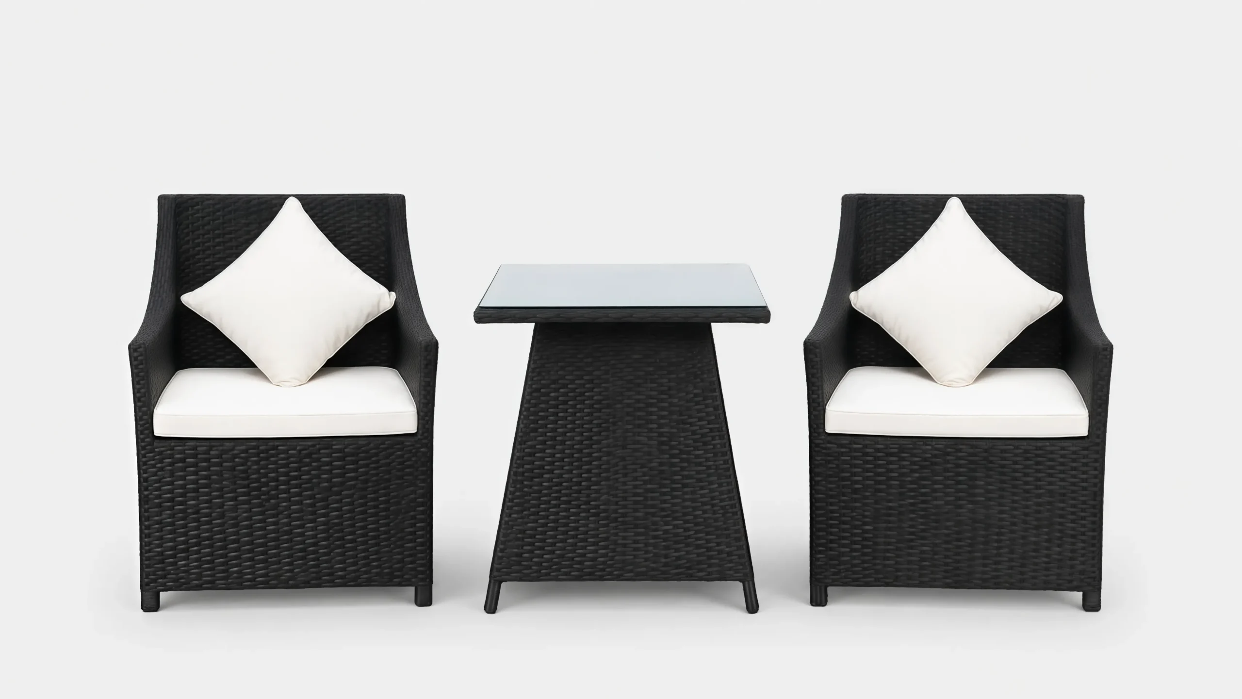 Black PE Rattan Bistro Set with 2 Armchairs, Cream Cushions & Glass-Top Table for Balcony Café Patio