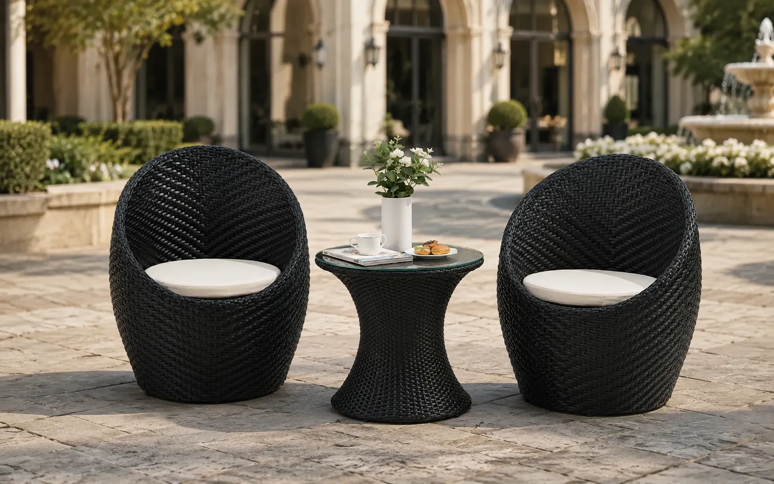 XIMU Furniture black PE rattan bistro set with 2 barrel chairs and round glass table