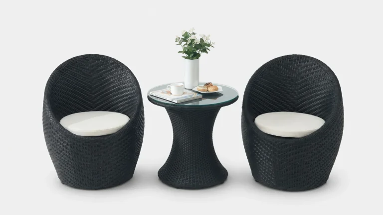 Black PE Rattan Bistro Set with 2 Barrel Chairs & Round Glass Table for Patio Balcony Café