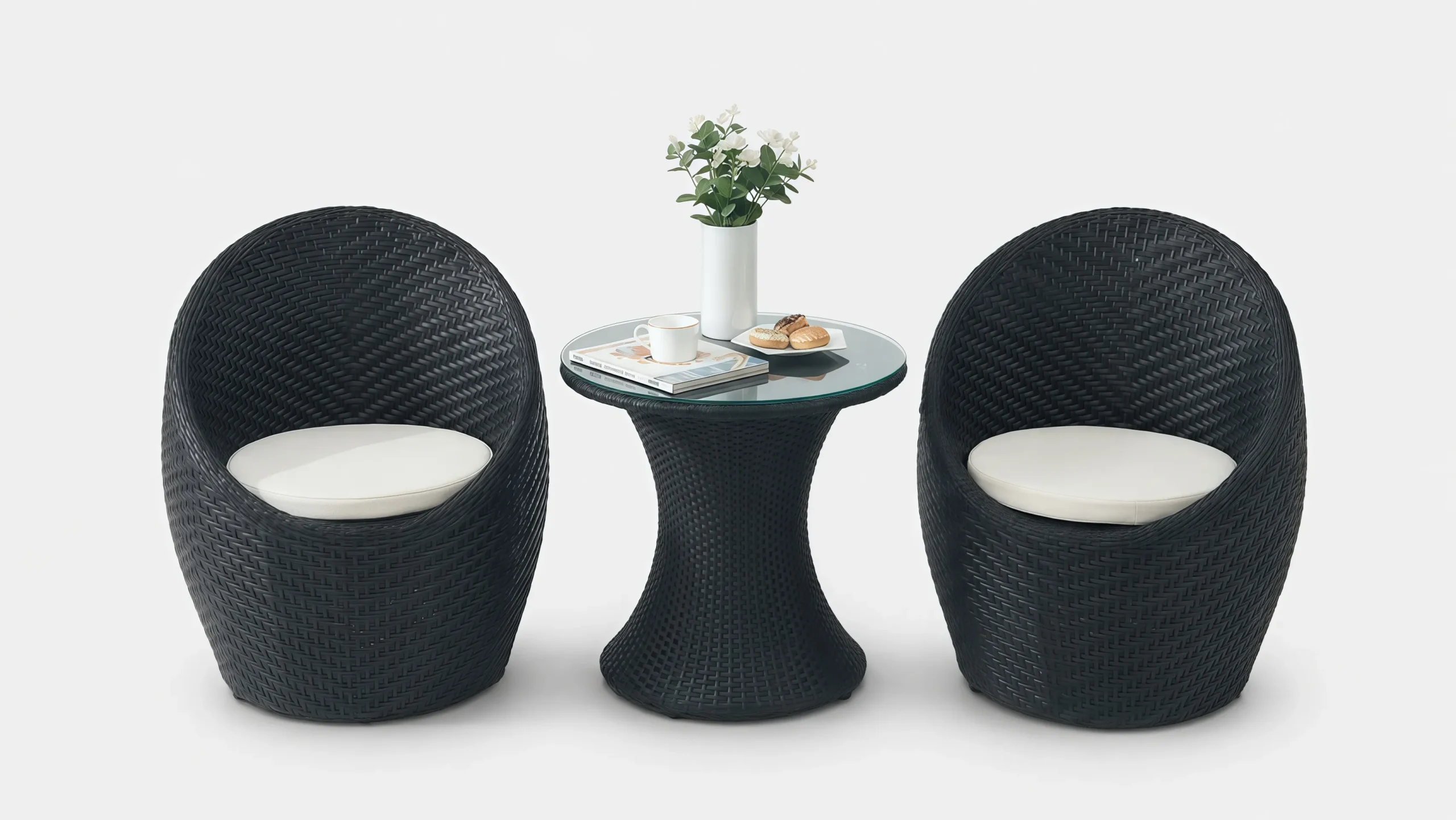 Black PE Rattan Bistro Set with 2 Barrel Chairs & Round Glass Table for Patio Balcony Café