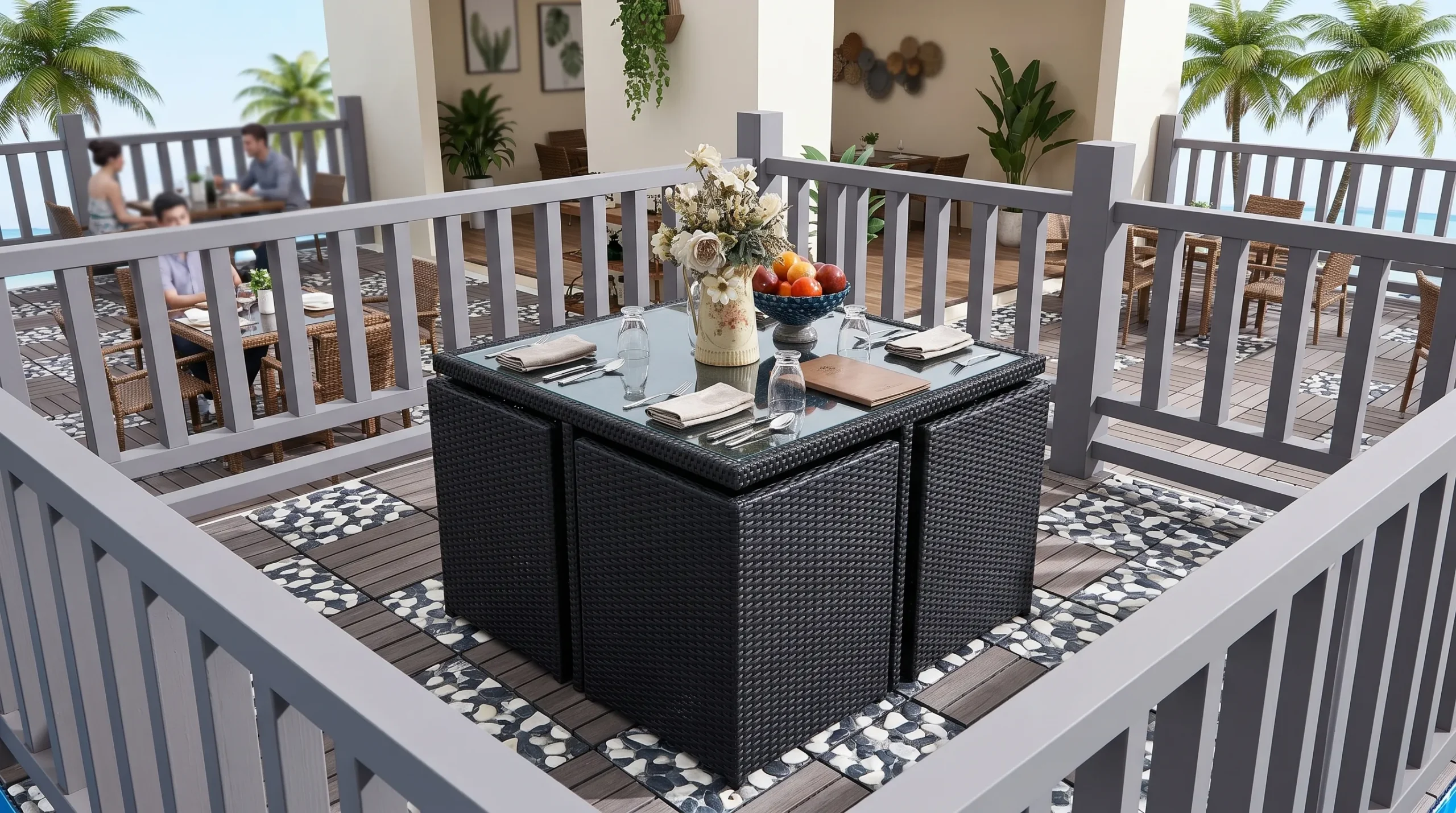 PE Rattan Outdoor Dining Set with 4 Chairs & Glass-Top Table for Patio, Balcony & Café