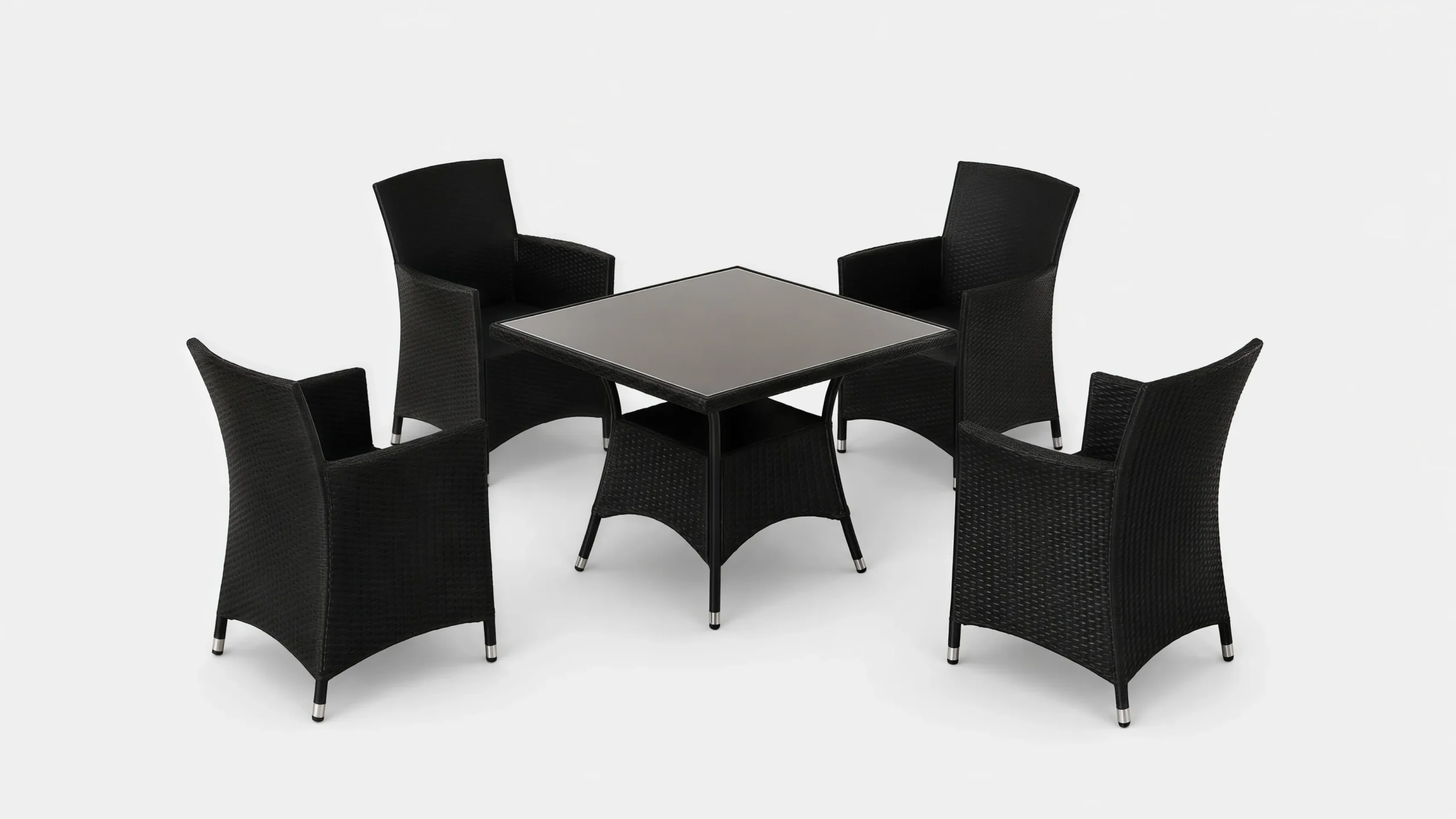 Black PE Rattan Patio Dining Set with 4 Armchairs and Square Glass Table