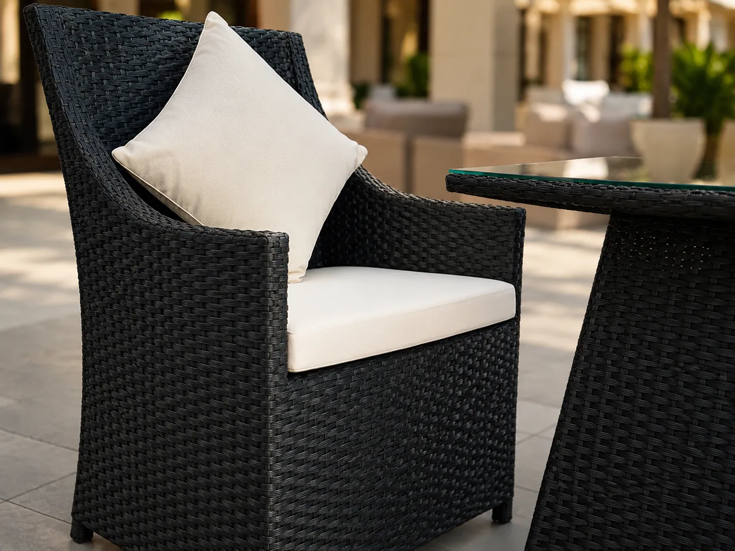 Black PE rattan weave detail of outdoor bistro set