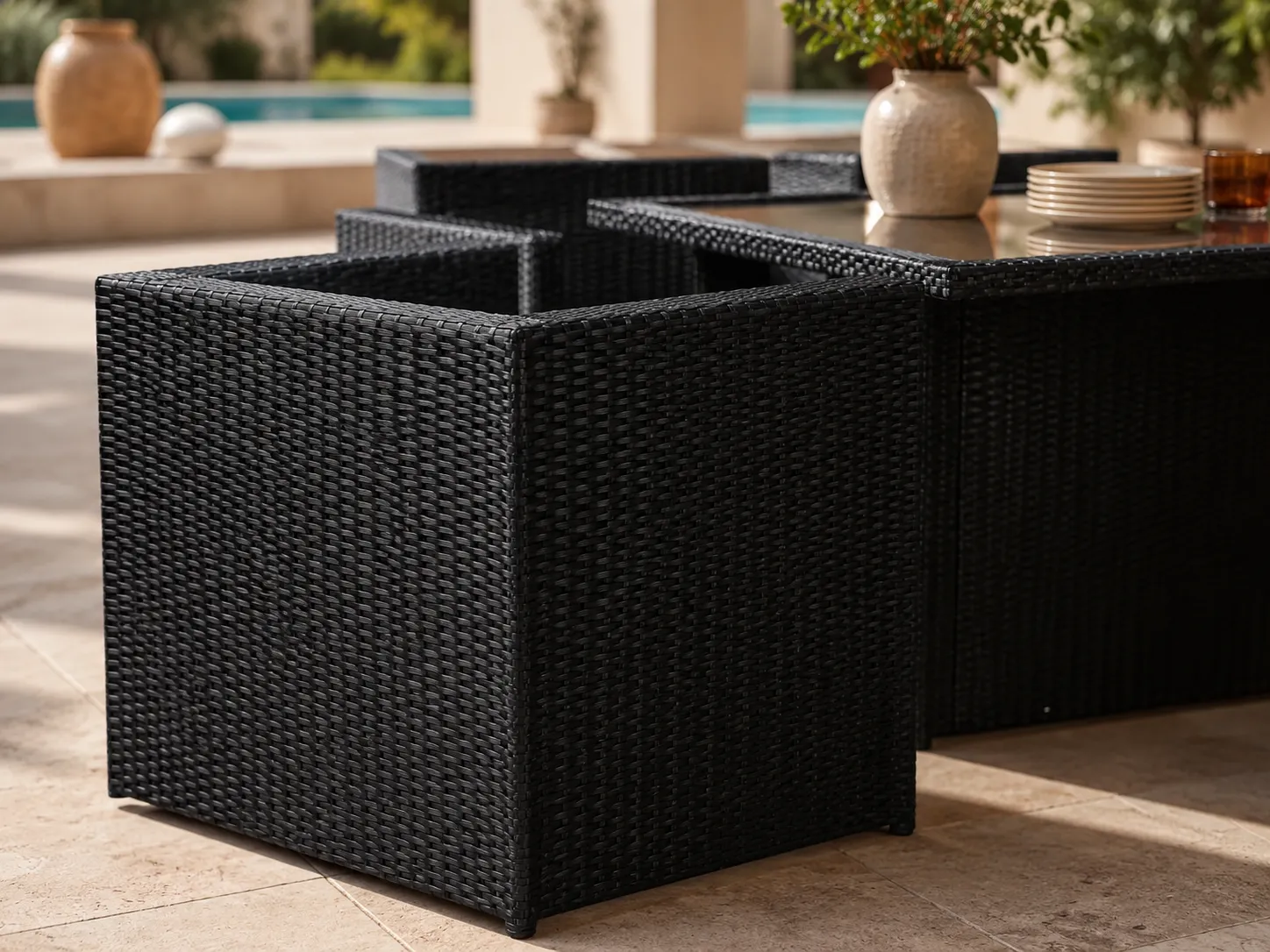 Black PE rattan weave detail of outdoor dining set