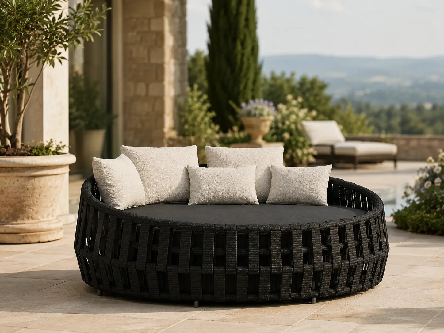 Side view of black round wicker outdoor daybed for hospitality projects