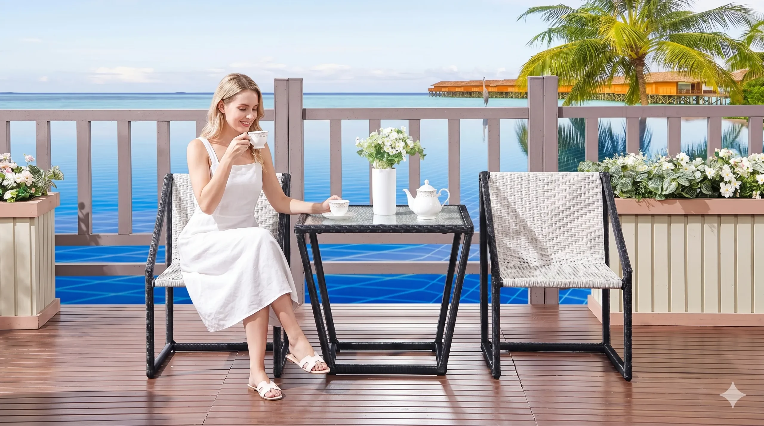 PE Rattan Bistro Set with Black White Chairs & Rectangular Glass Table for Patio Balcony Café