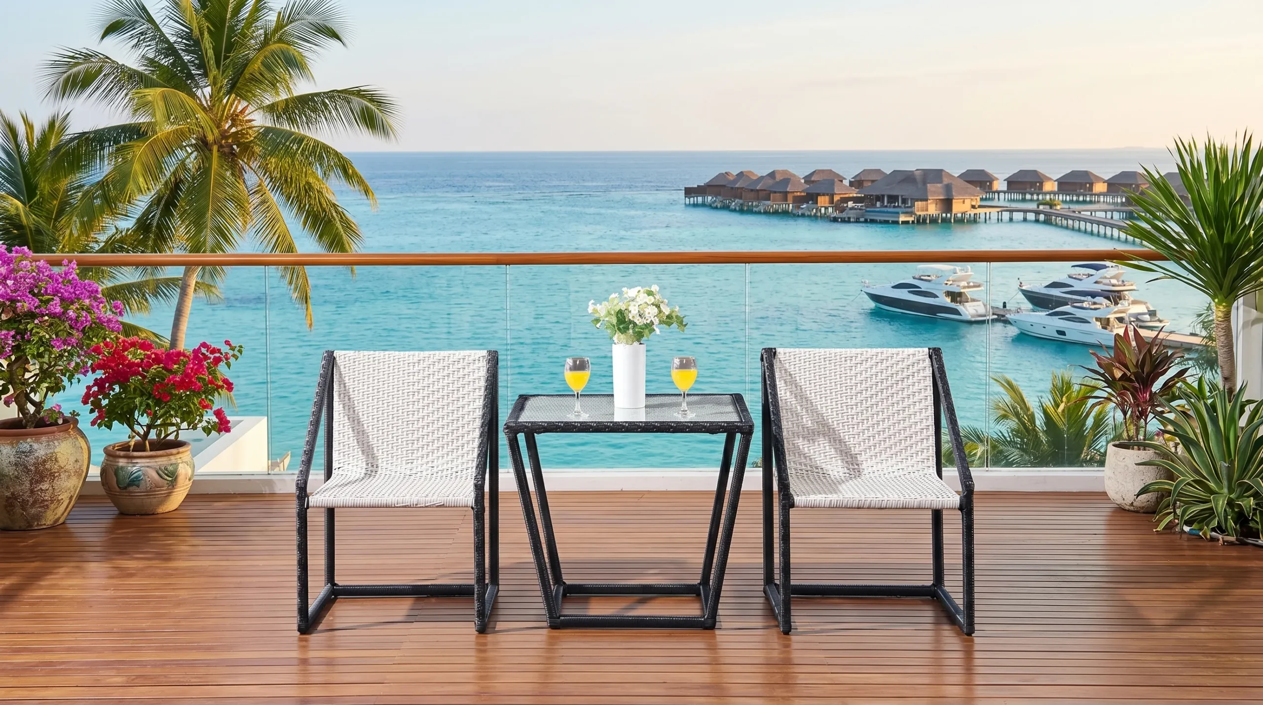 PE Rattan Bistro Set with Black White Chairs & Rectangular Glass Table for Patio Balcony Café
