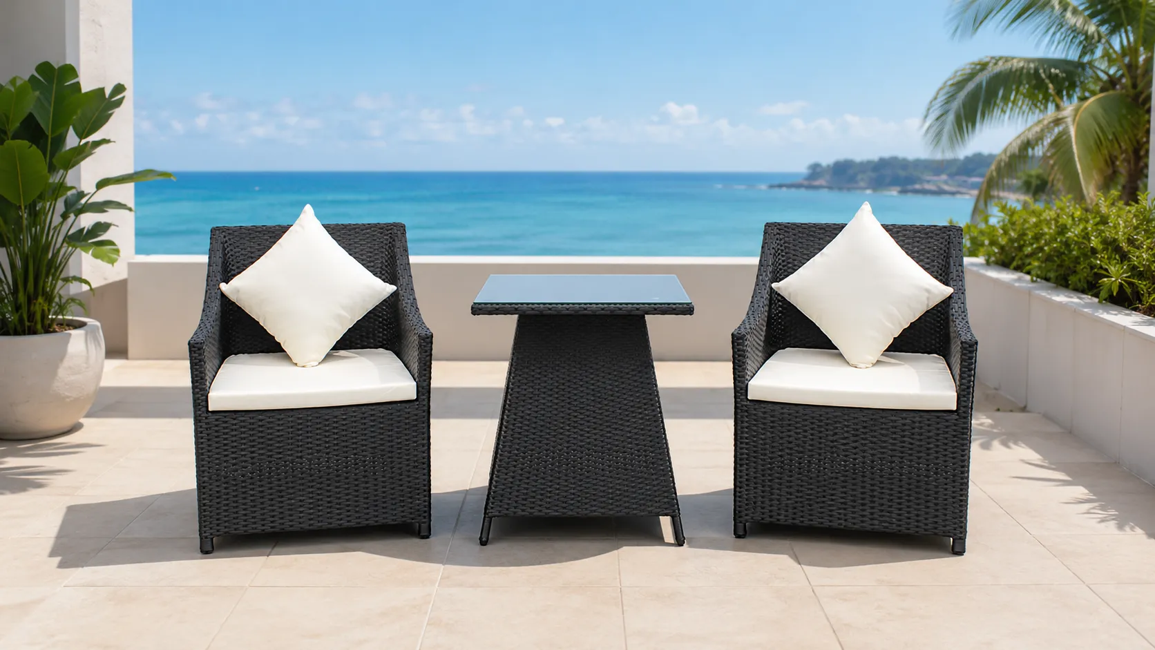 Black PE Rattan Bistro Set with 2 Armchairs, Cream Cushions & Glass-Top Table for Balcony Café Patio