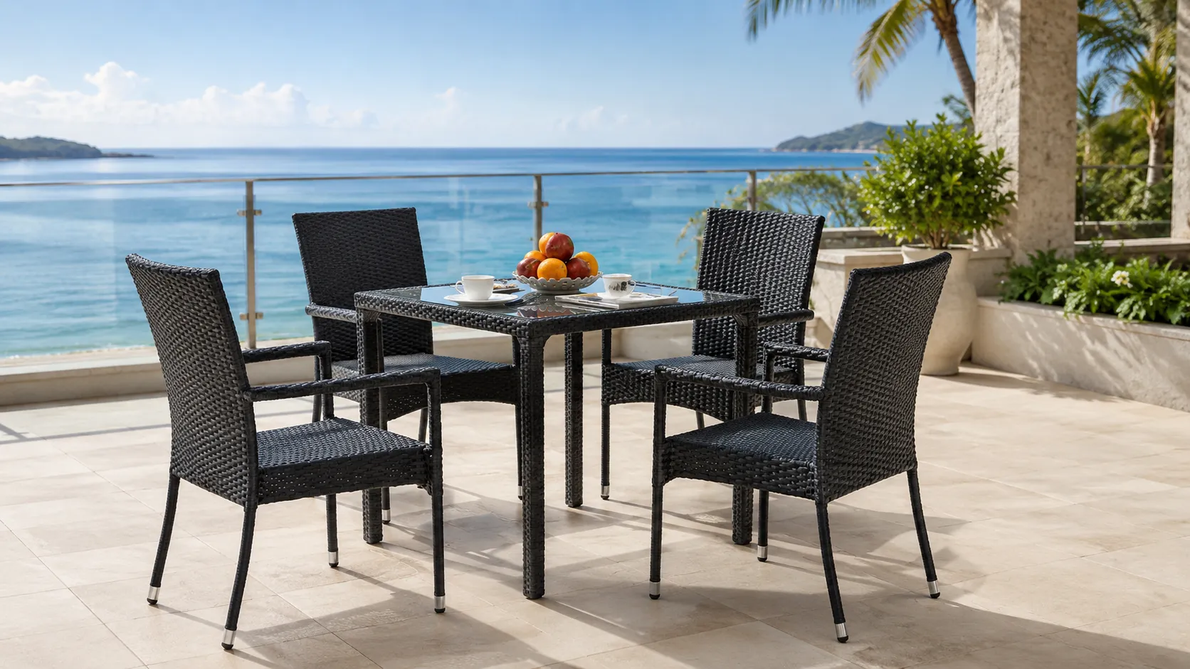 PE Rattan Patio Dining Set with 4 Armchairs & Square Glass Table for Hotel Outdoor Dining