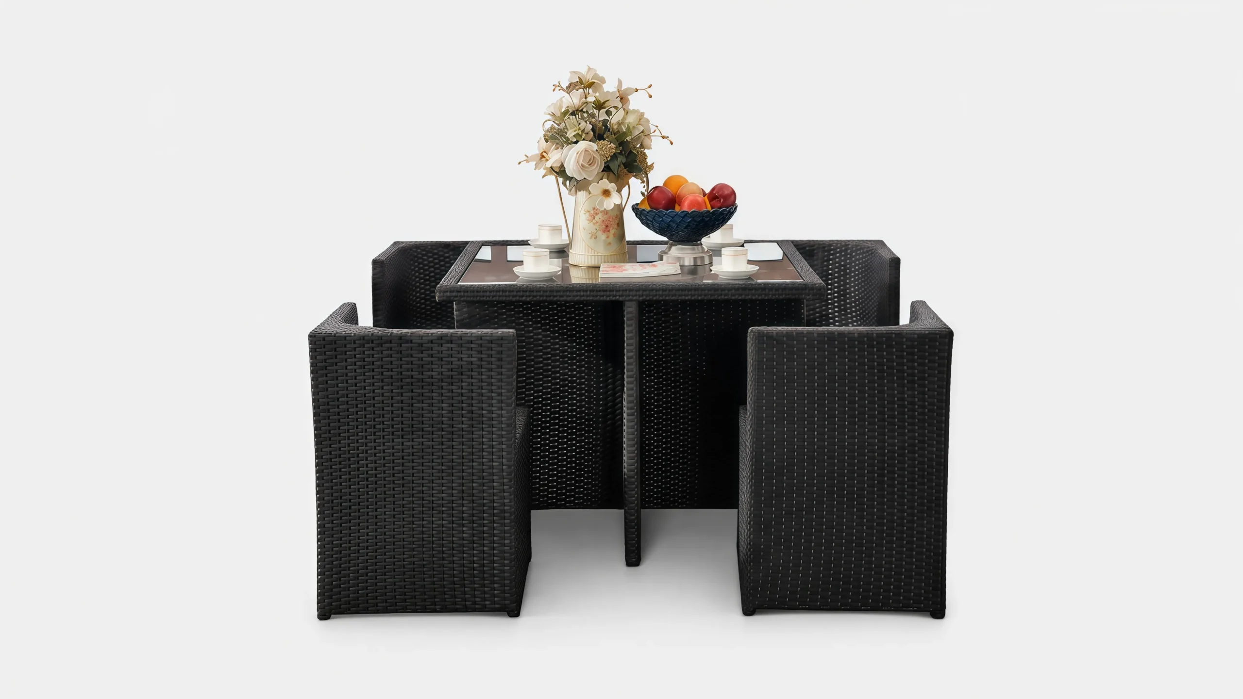 PE Rattan Outdoor Dining Set with 4 Chairs & Glass-Top Table for Patio, Balcony & Café