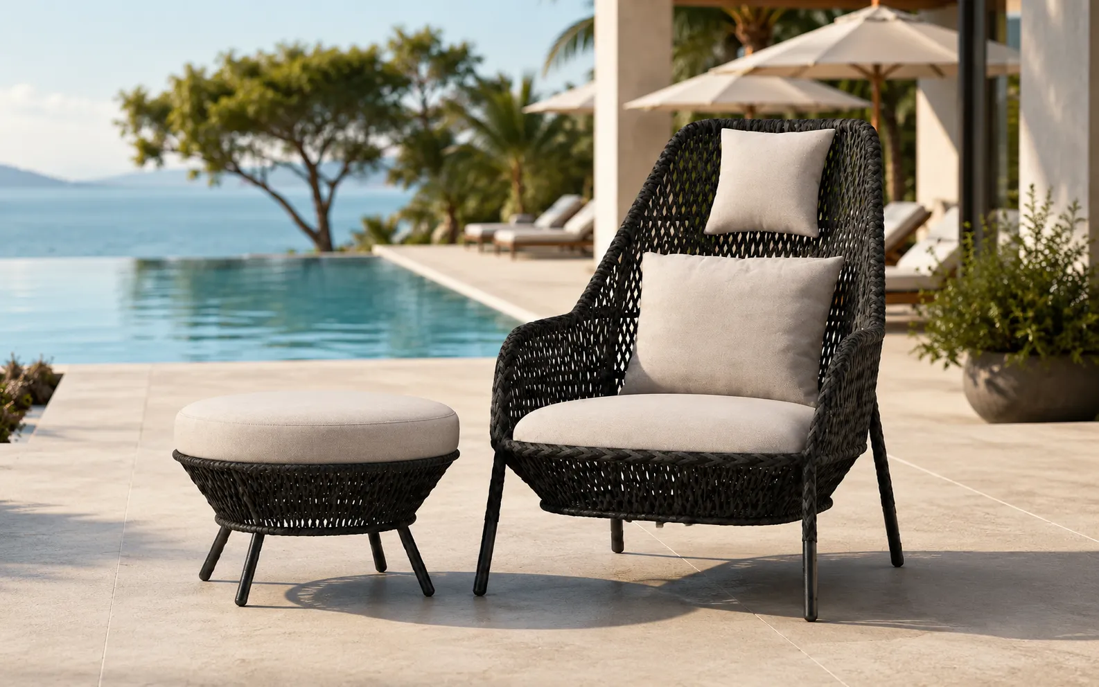 XIMU Furniture black wicker lounge chair and ottoman with cream cushions for hotel outdoor projects