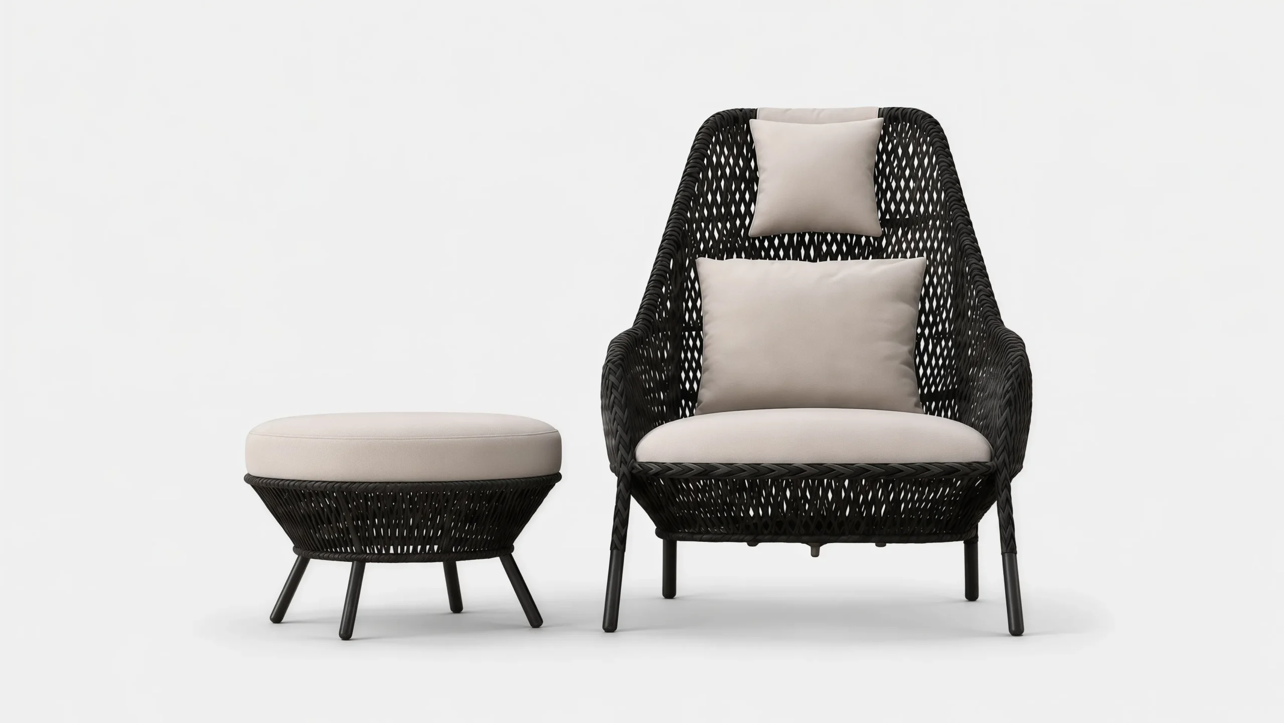 Black Wicker Lounge Chair and Ottoman for Outdoor Hospitality Projects