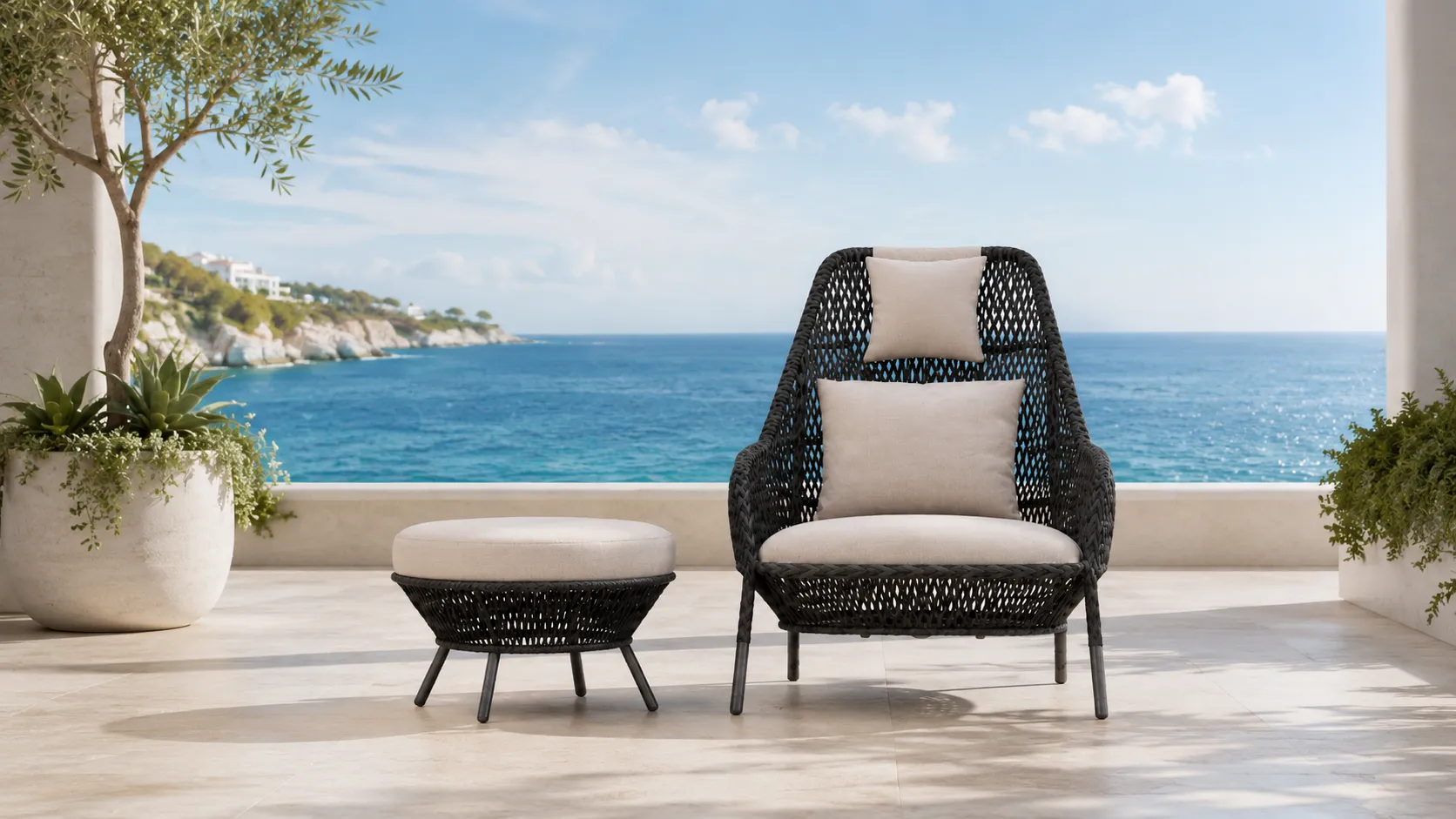 Black Wicker Lounge Chair and Ottoman for Outdoor Hospitality Projects