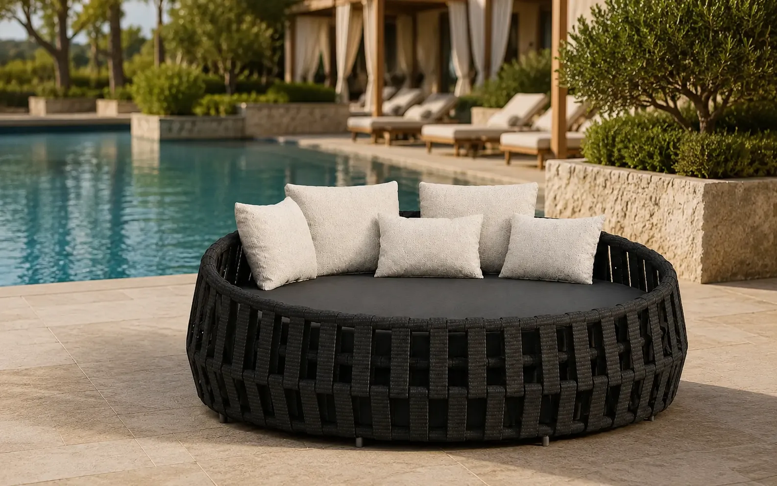 XIMU Furniture black wicker outdoor daybed with cream cushions for hotel poolside projects