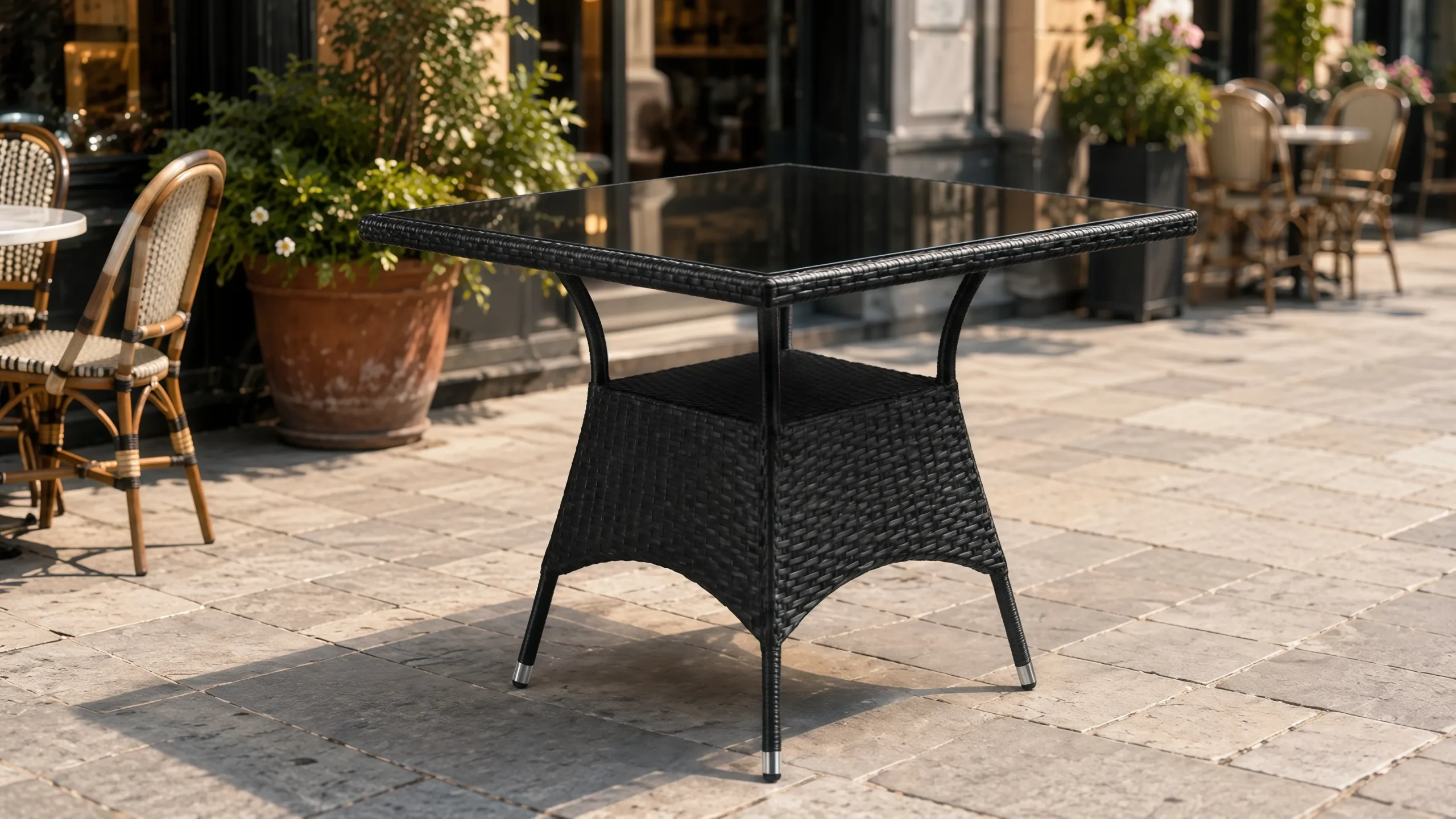 Black PE Rattan Patio Dining Set with 4 Armchairs and Square Glass Table