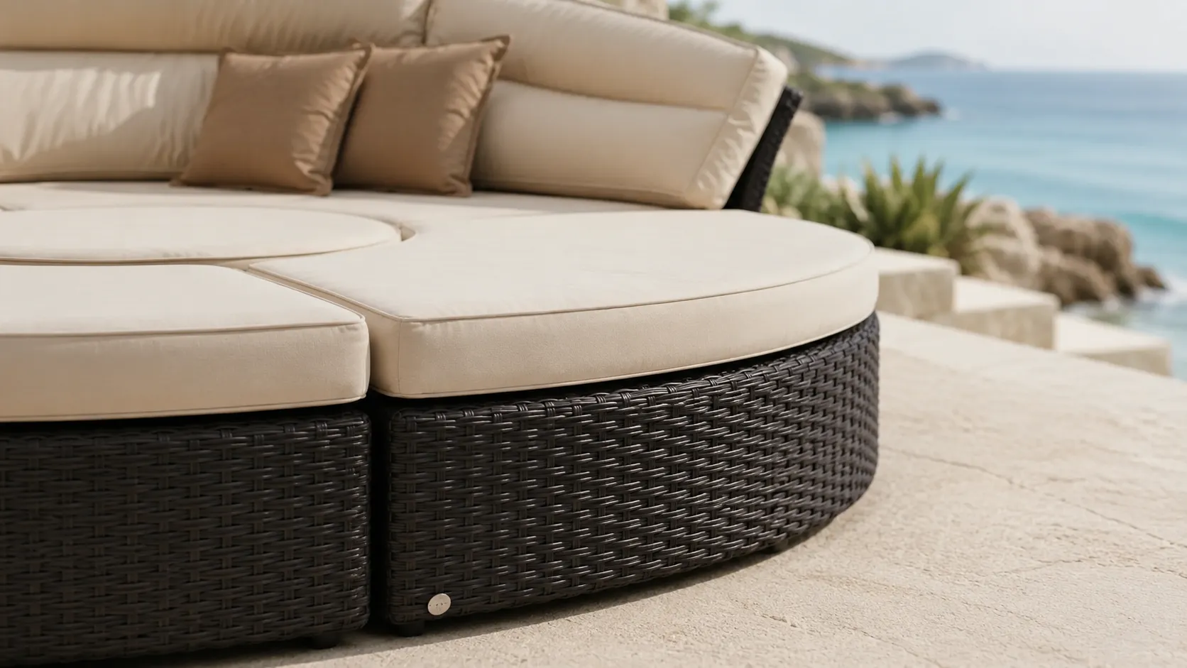 Close-up detail of black PE rattan woven daybed base