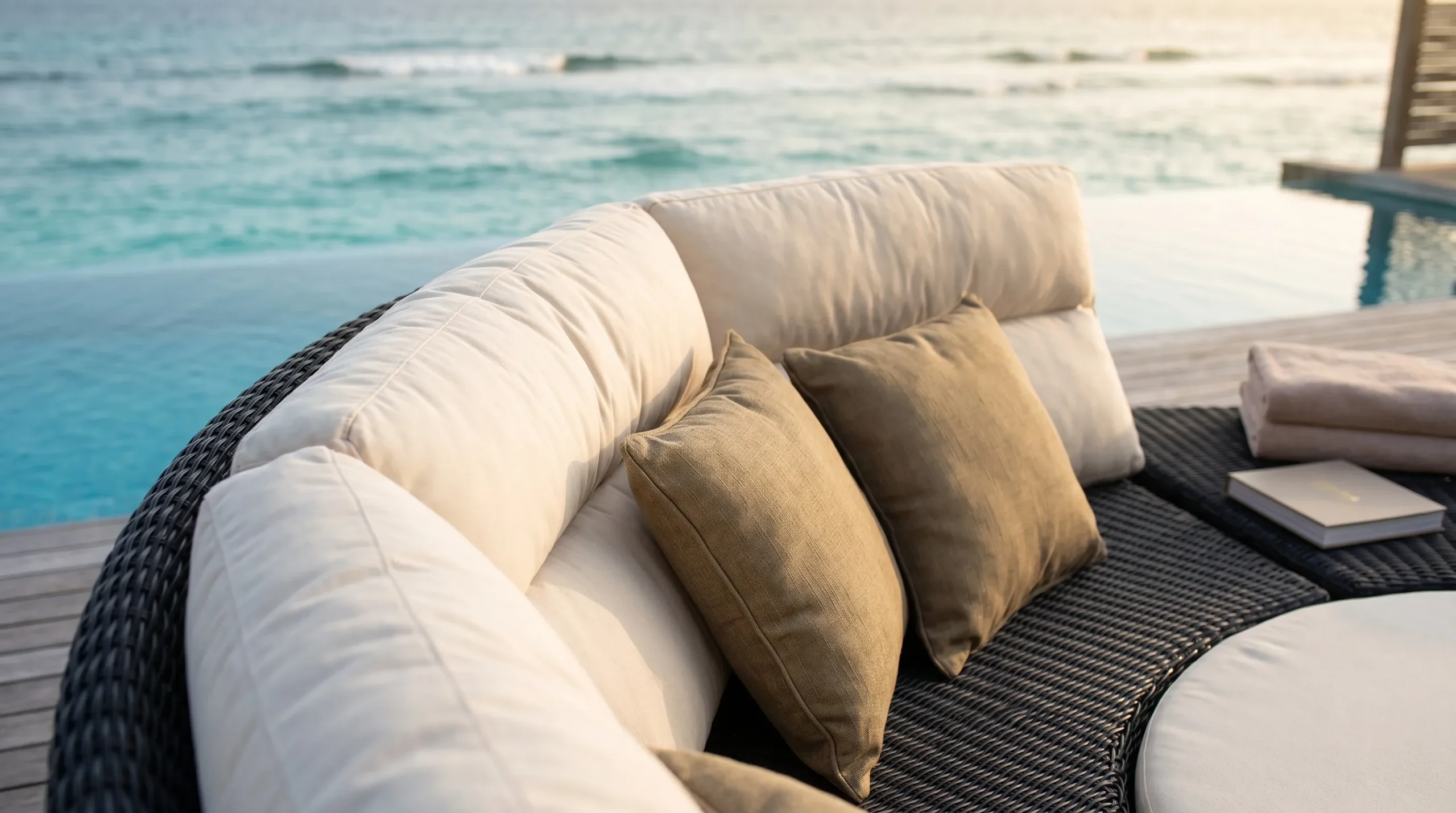 Large Round Wicker Outdoor Daybed with Beige Cushions