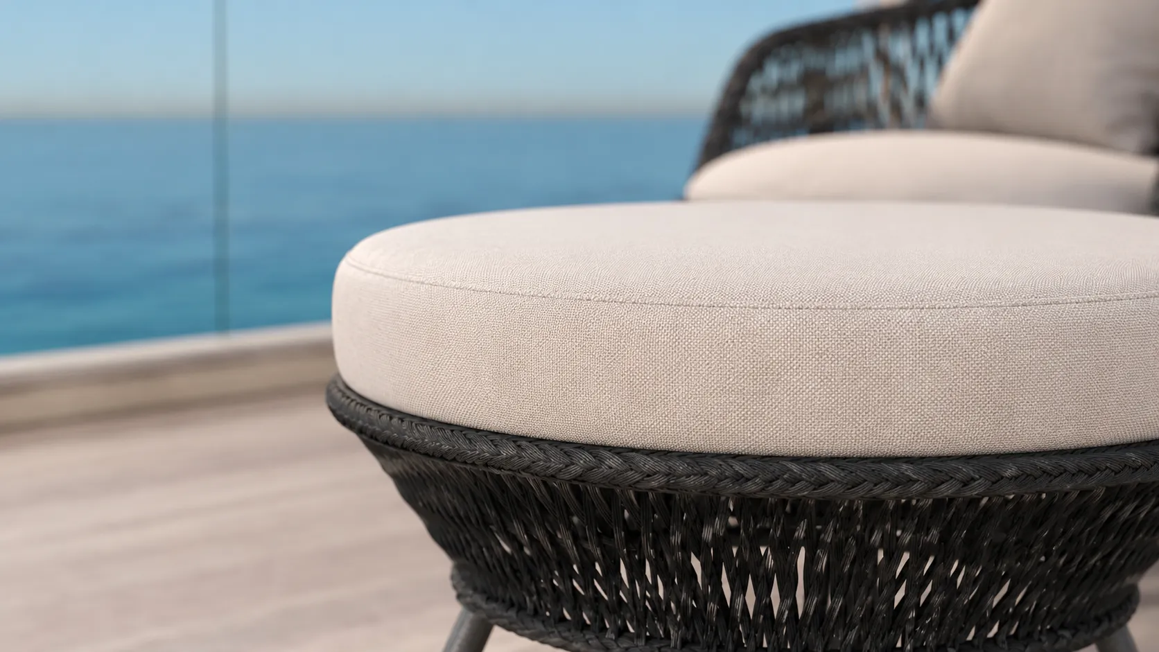 Black Wicker Lounge Chair and Ottoman for Outdoor Hospitality Projects