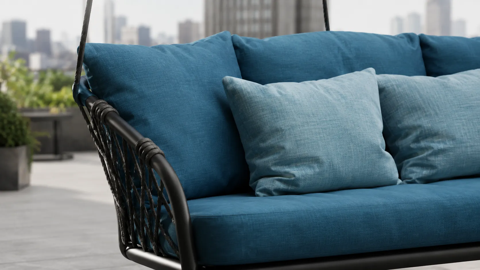 Blue cushion detail of rope outdoor hanging swing sofa
