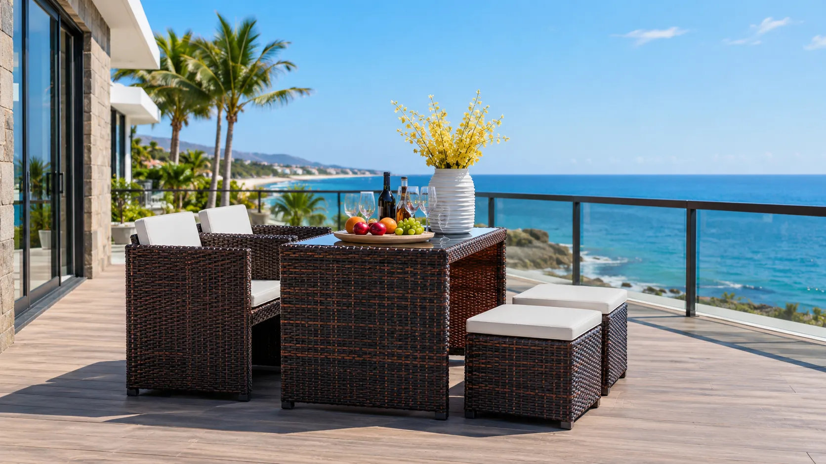 PE Rattan Cube Dining Set with 2 Armchairs, 2 Ottomans & Square Glass Table for Patio Café Hotel