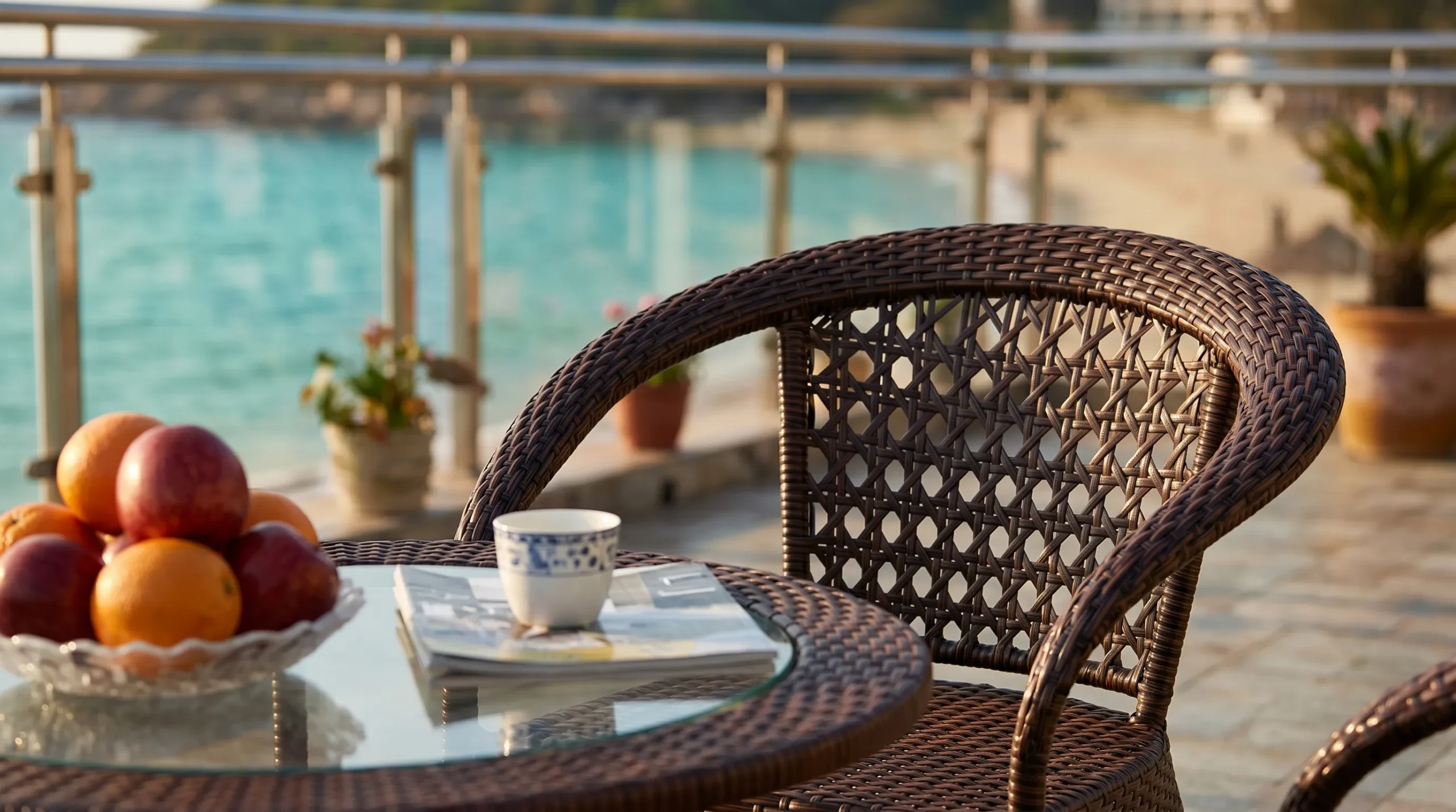 Brown PE Rattan Bistro Set with 3 Open-Weave Armchairs & Round Glass Table for Patio Café Balcony