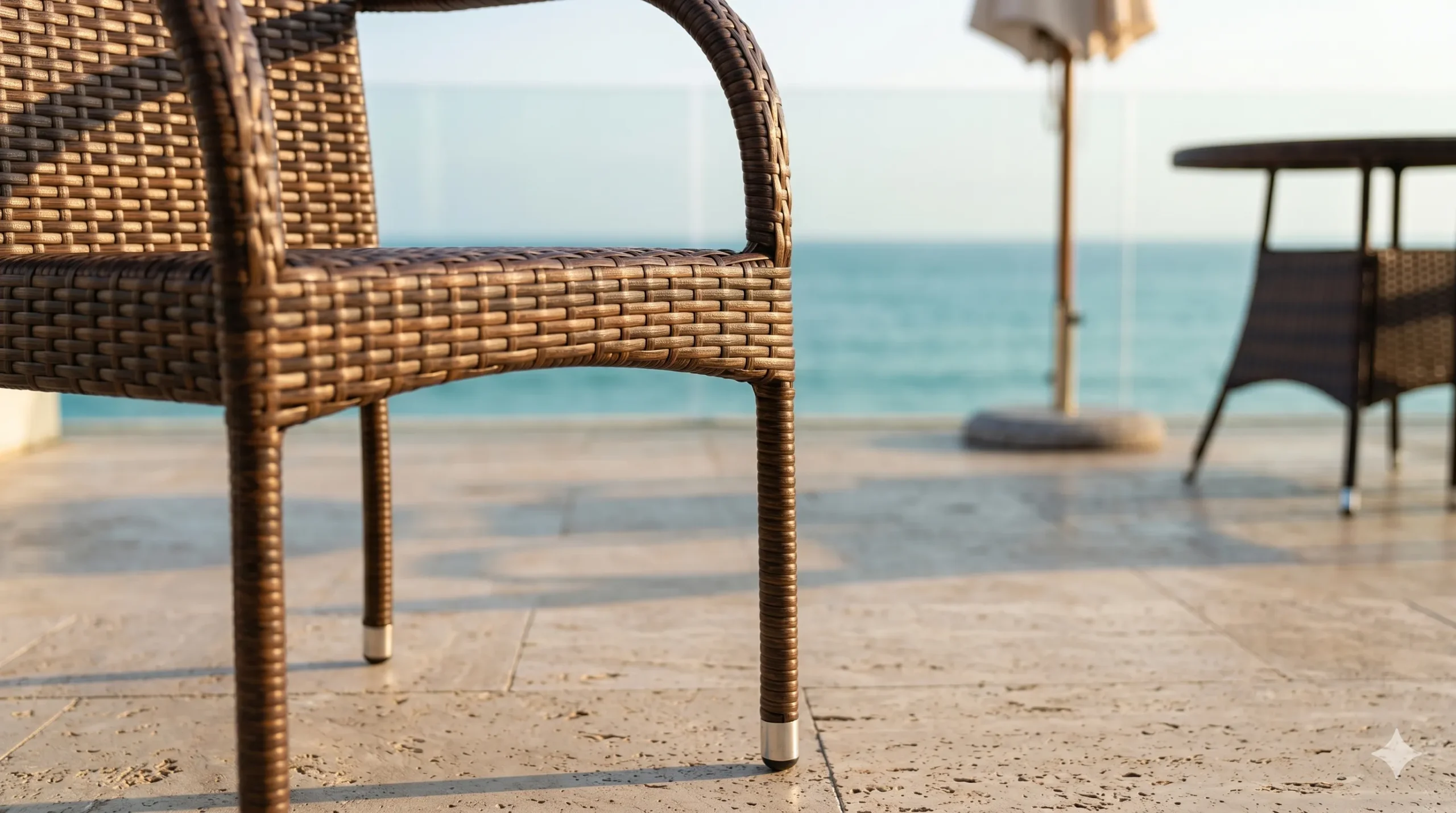 Brown PE Rattan Dining Set with 4 Armchairs & Round Glass Table for Patio Garden Café