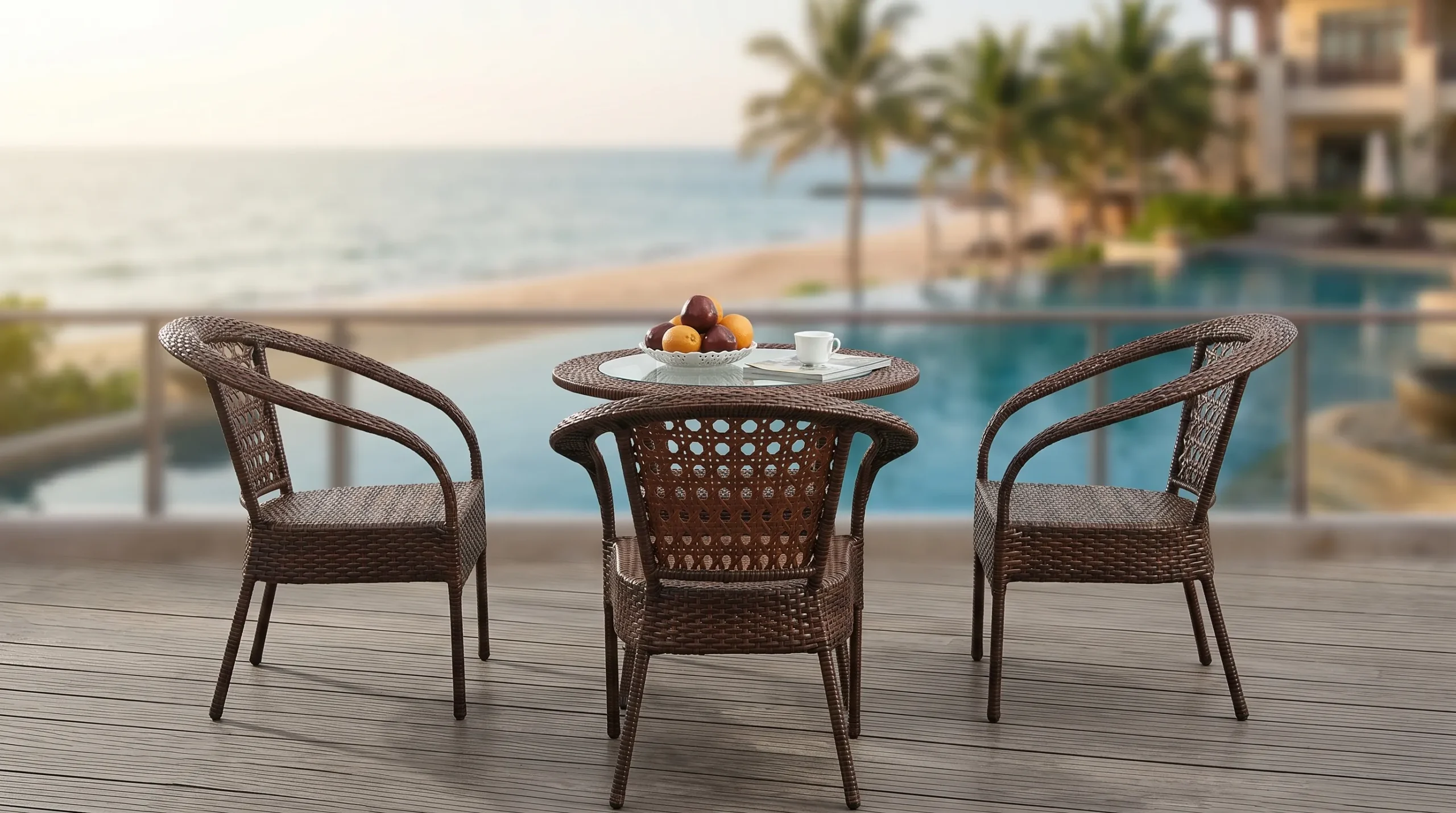 Brown PE Rattan Bistro Set with 3 Open-Weave Armchairs & Round Glass Table for Patio Café Balcony