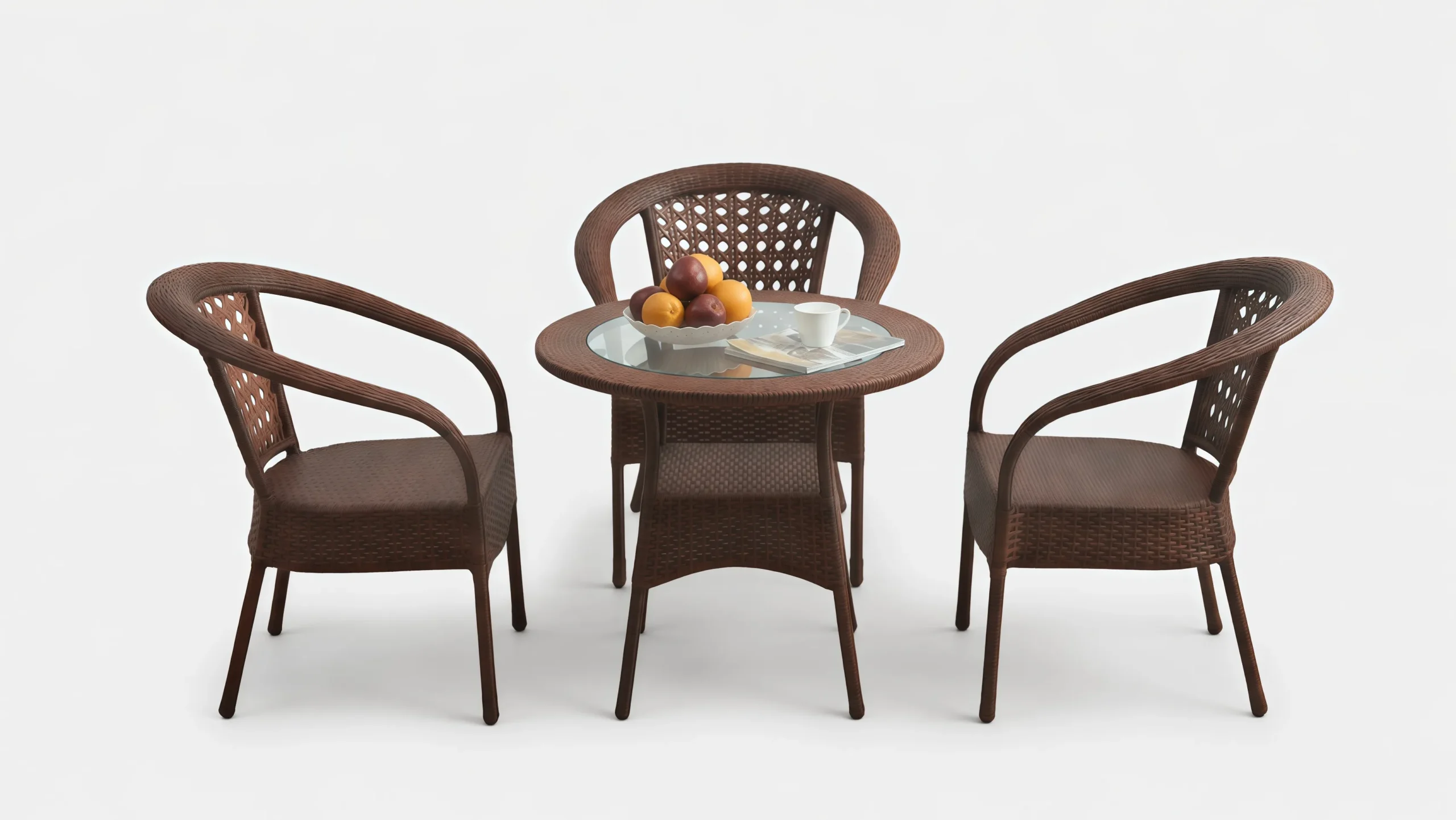 Brown PE Rattan Bistro Set with 3 Open-Weave Armchairs & Round Glass Table for Patio Café Balcony