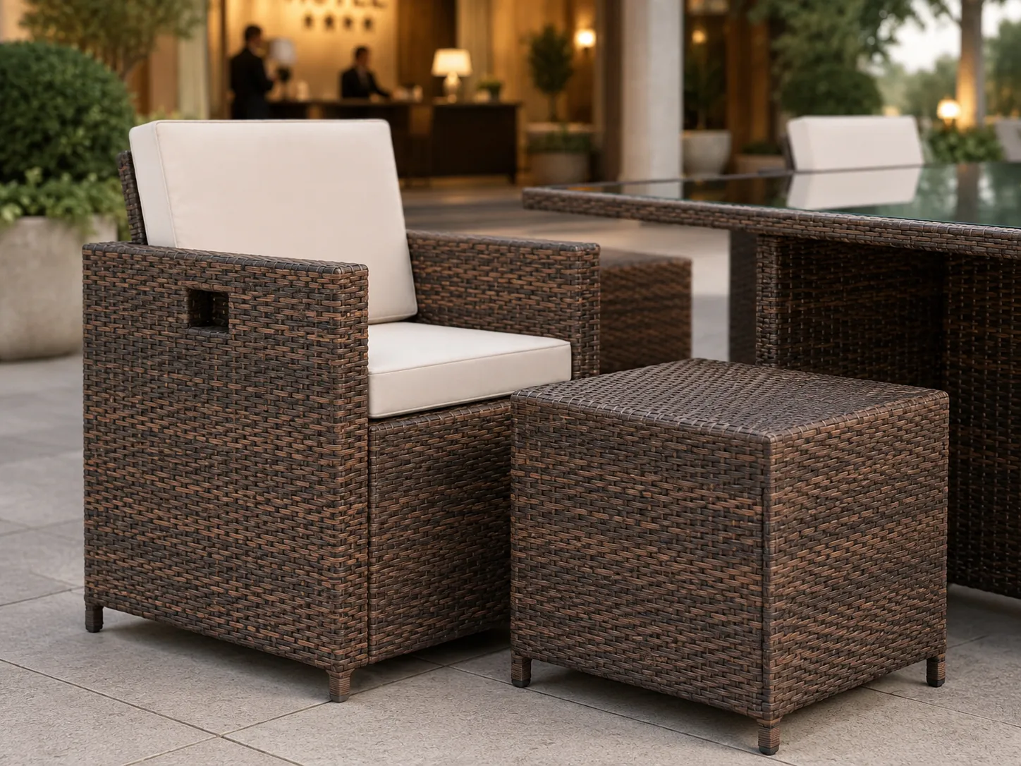 Brown PE rattan dining chair detail