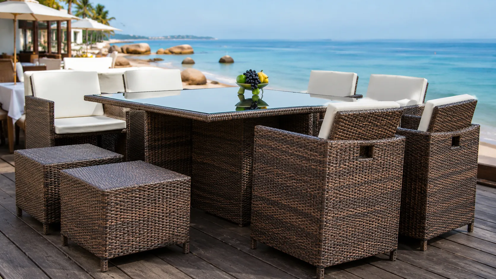 PE Rattan Patio Dining Set with 6 Chairs, 2 Stools & Rectangular Glass Table for Hotel Outdoor Dining