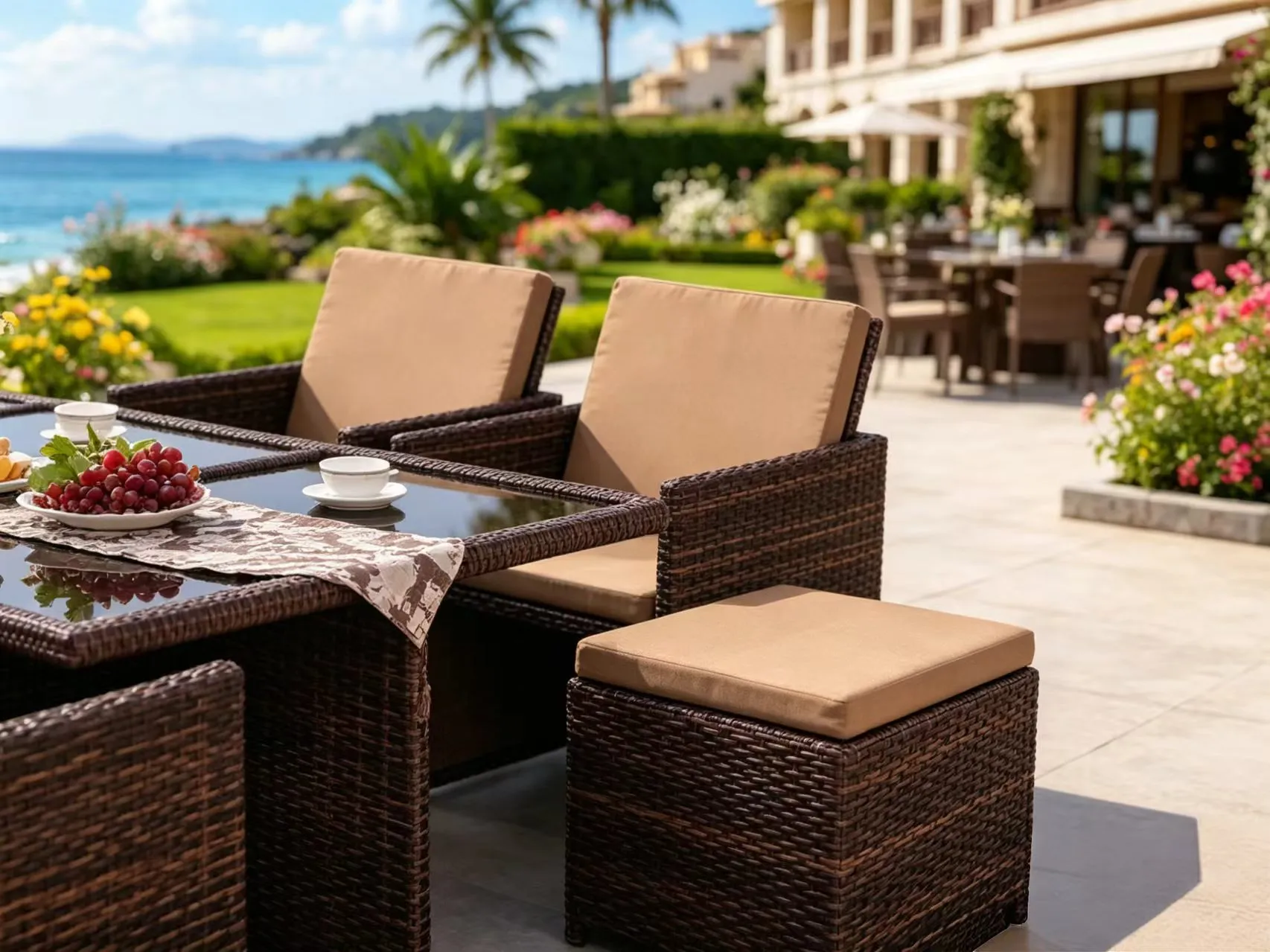 Brown PE rattan dining chair detail