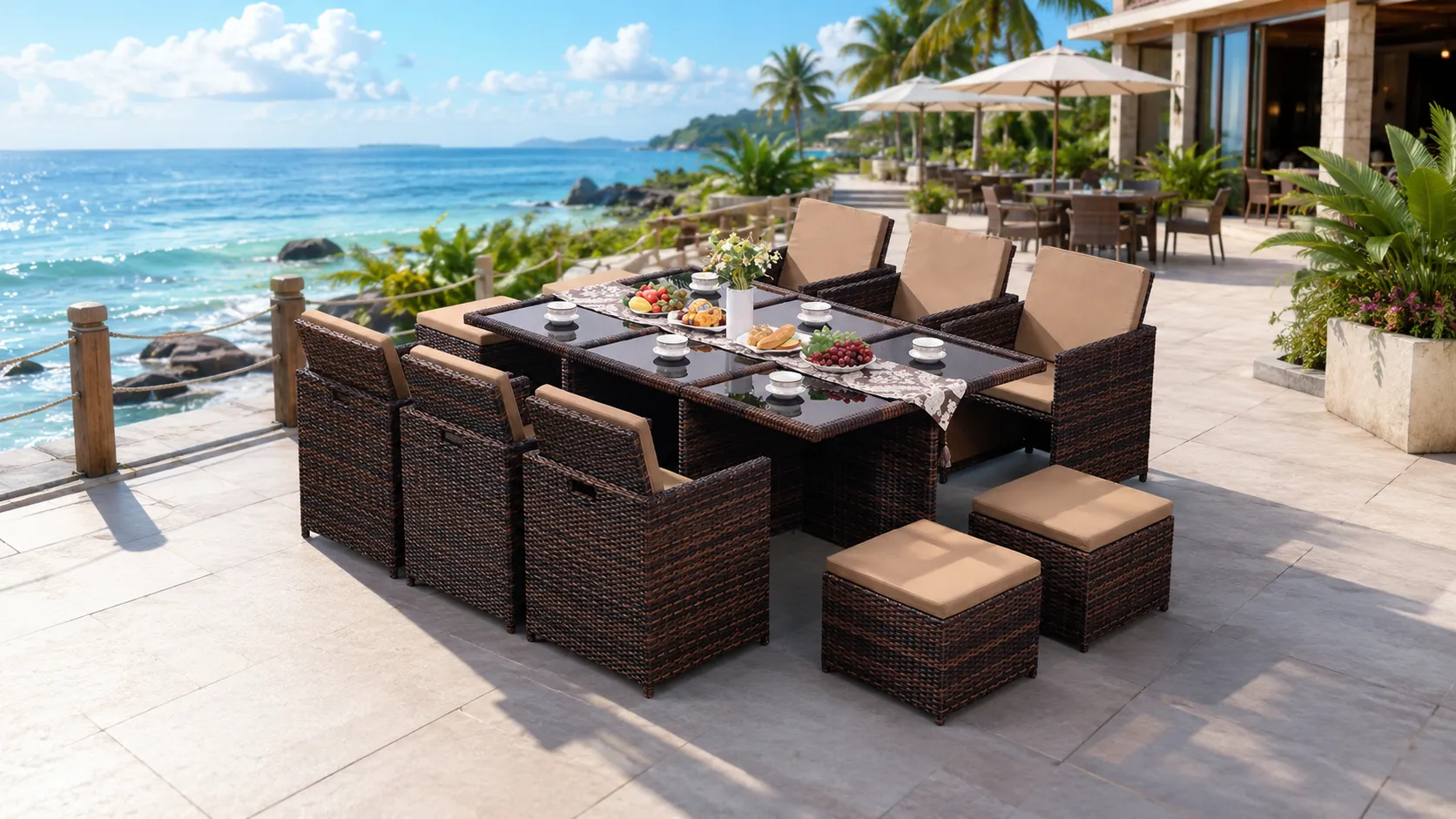 PE Rattan Outdoor Dining Set with 6 Chairs, 4 Stools & Rectangular Glass Table for Hotel Patio