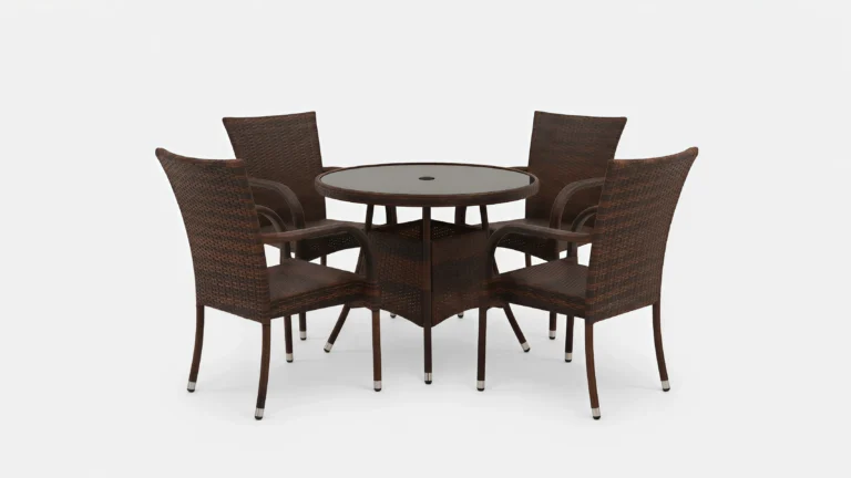 Brown PE Rattan Dining Set with 4 Armchairs & Round Glass Table for Patio Garden Café