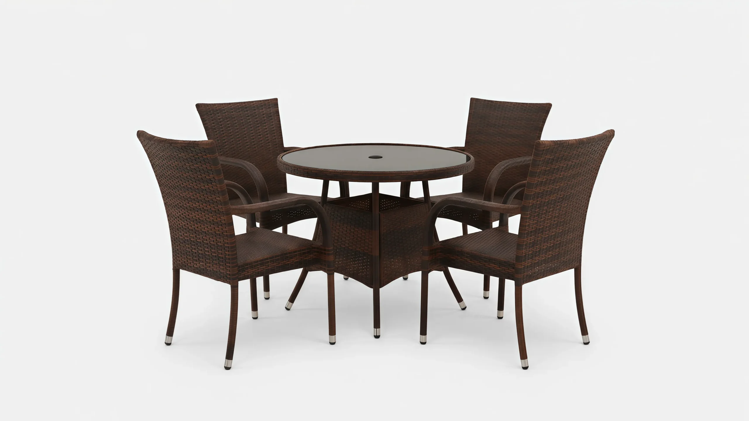 Brown PE Rattan Dining Set with 4 Armchairs & Round Glass Table for Patio Garden Café