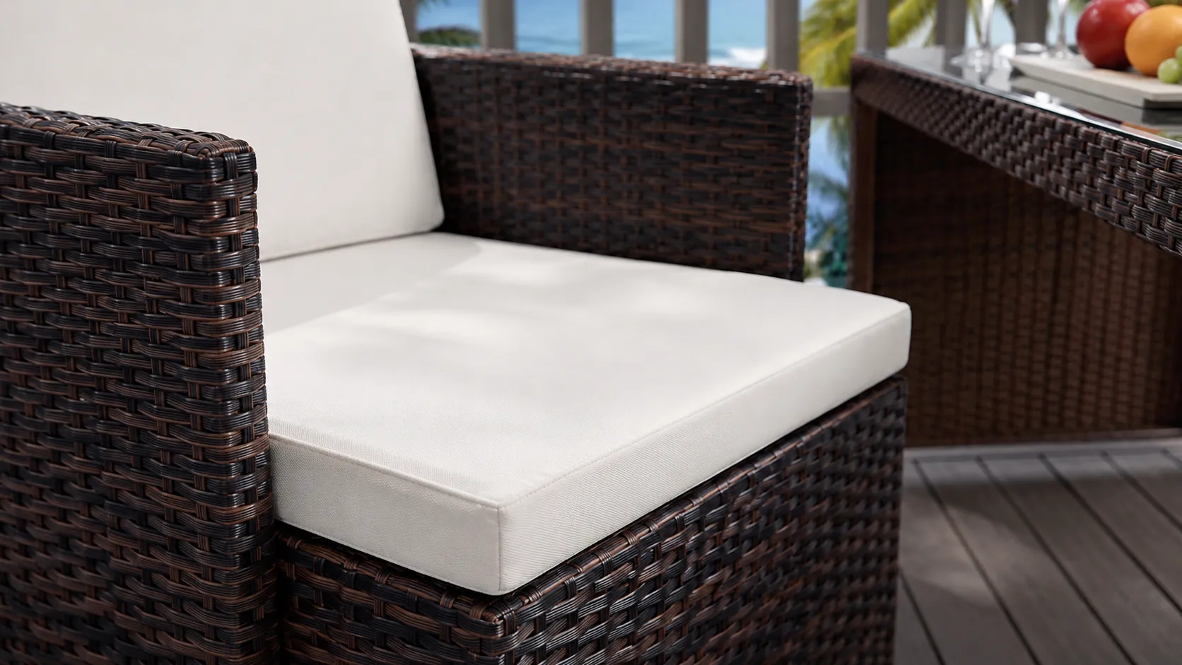 PE Rattan Cube Dining Set with 2 Armchairs, 2 Ottomans & Square Glass Table for Patio Café Hotel