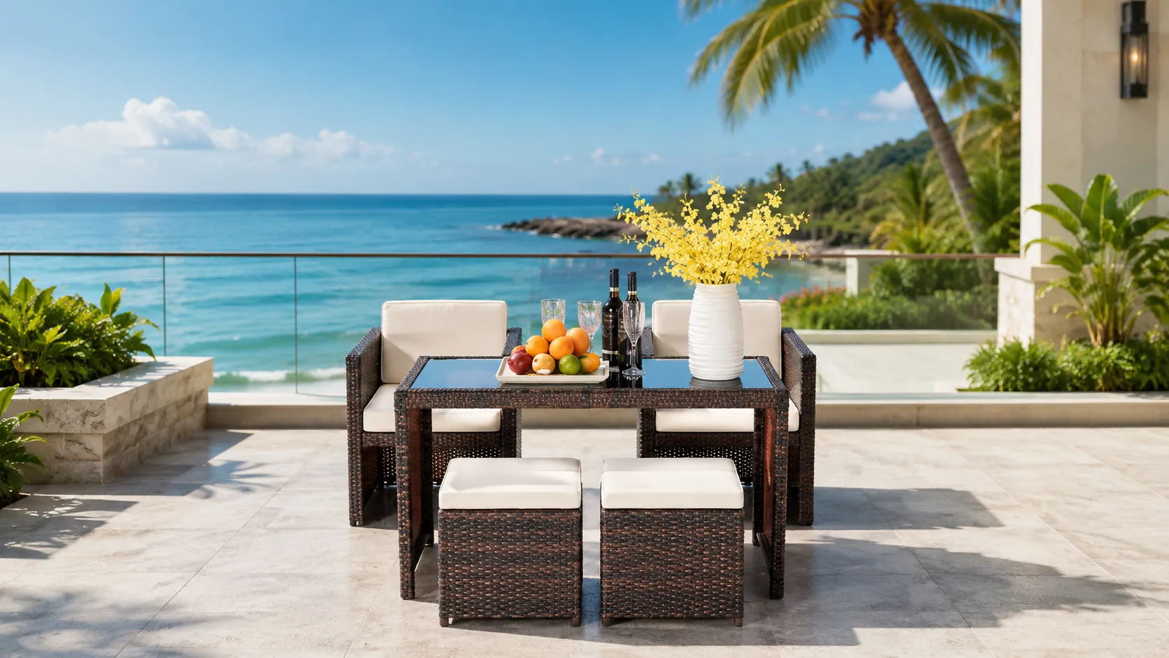 PE Rattan Cube Dining Set with 2 Armchairs, 2 Ottomans & Square Glass Table for Patio Café Hotel