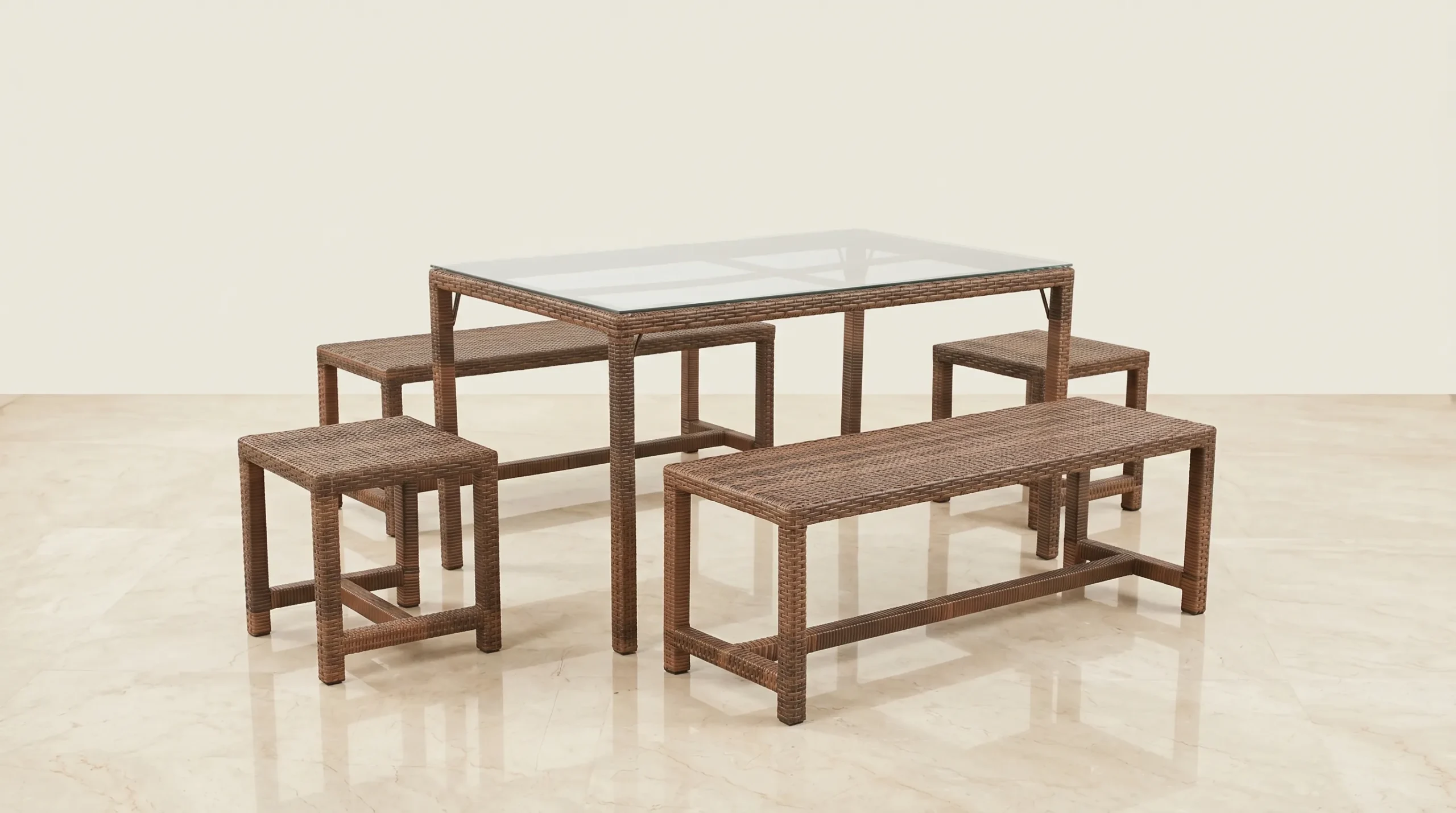 Weather-Resistant PE Rattan Outdoor Dining Set with Glass Table, Bench & Stools