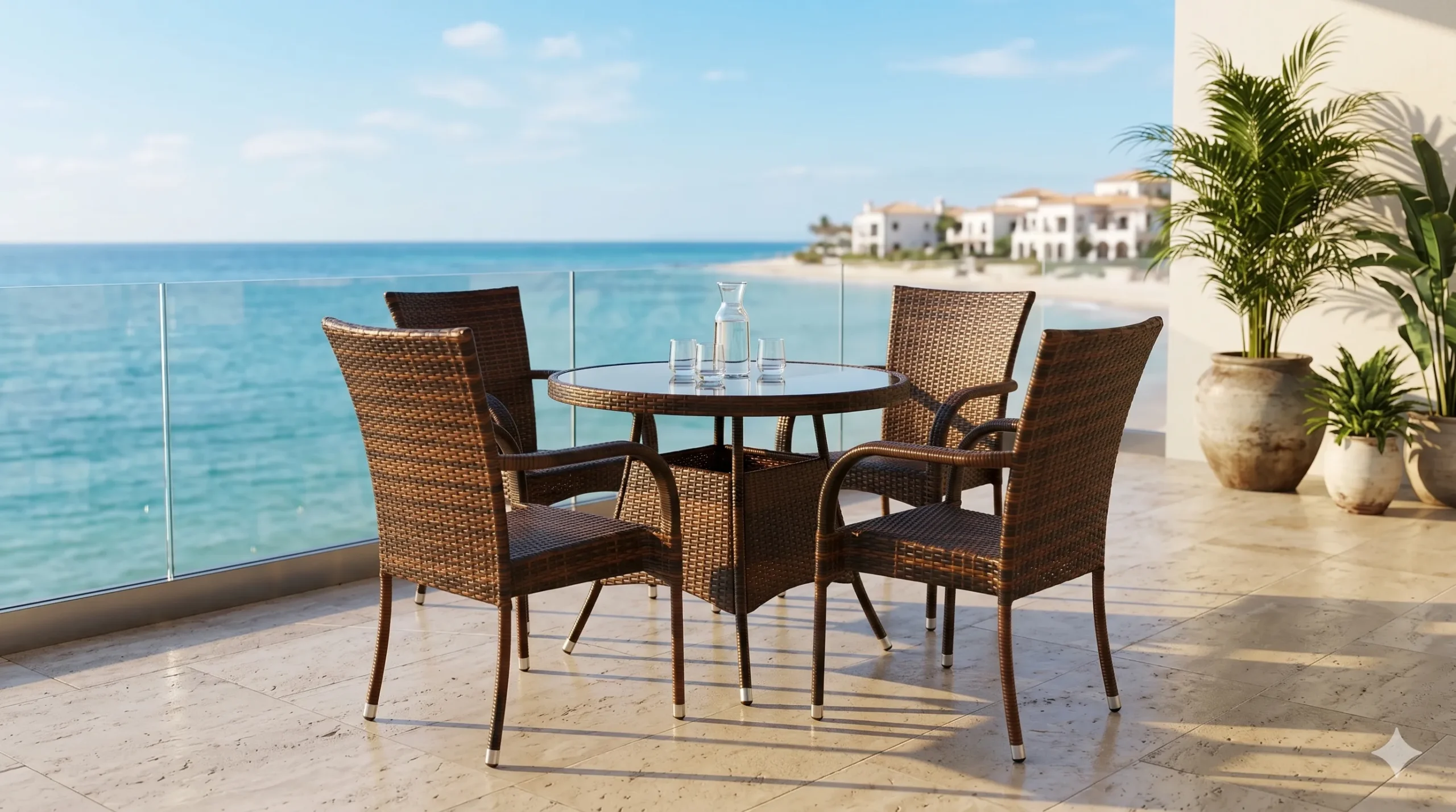 Brown PE Rattan Dining Set with 4 Armchairs & Round Glass Table for Patio Garden Café