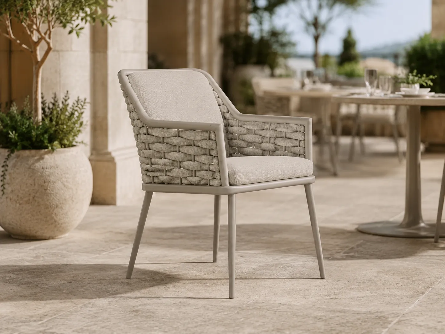 Grey rope dining chair for cafe and casual dining spaces