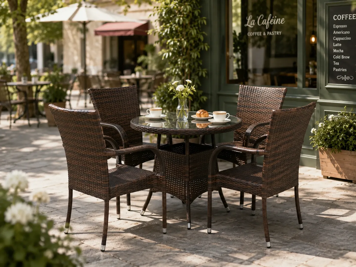 Brown wicker dining set for outdoor café seating
