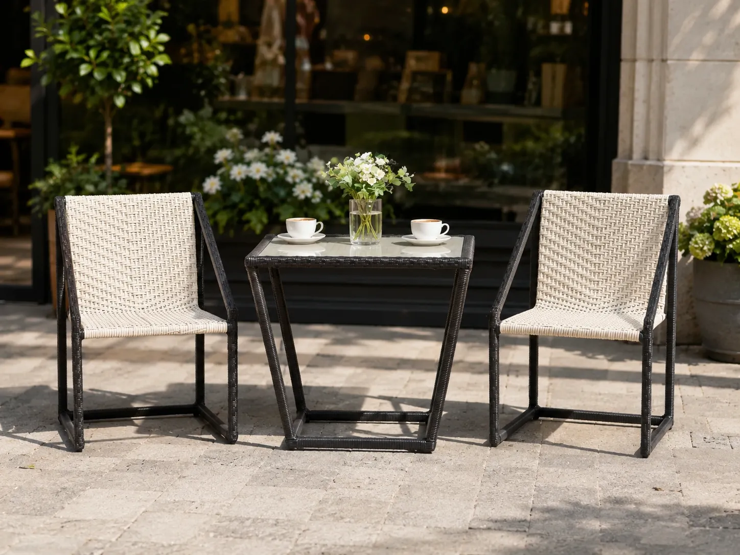 Black white rattan bistro set for café terrace
